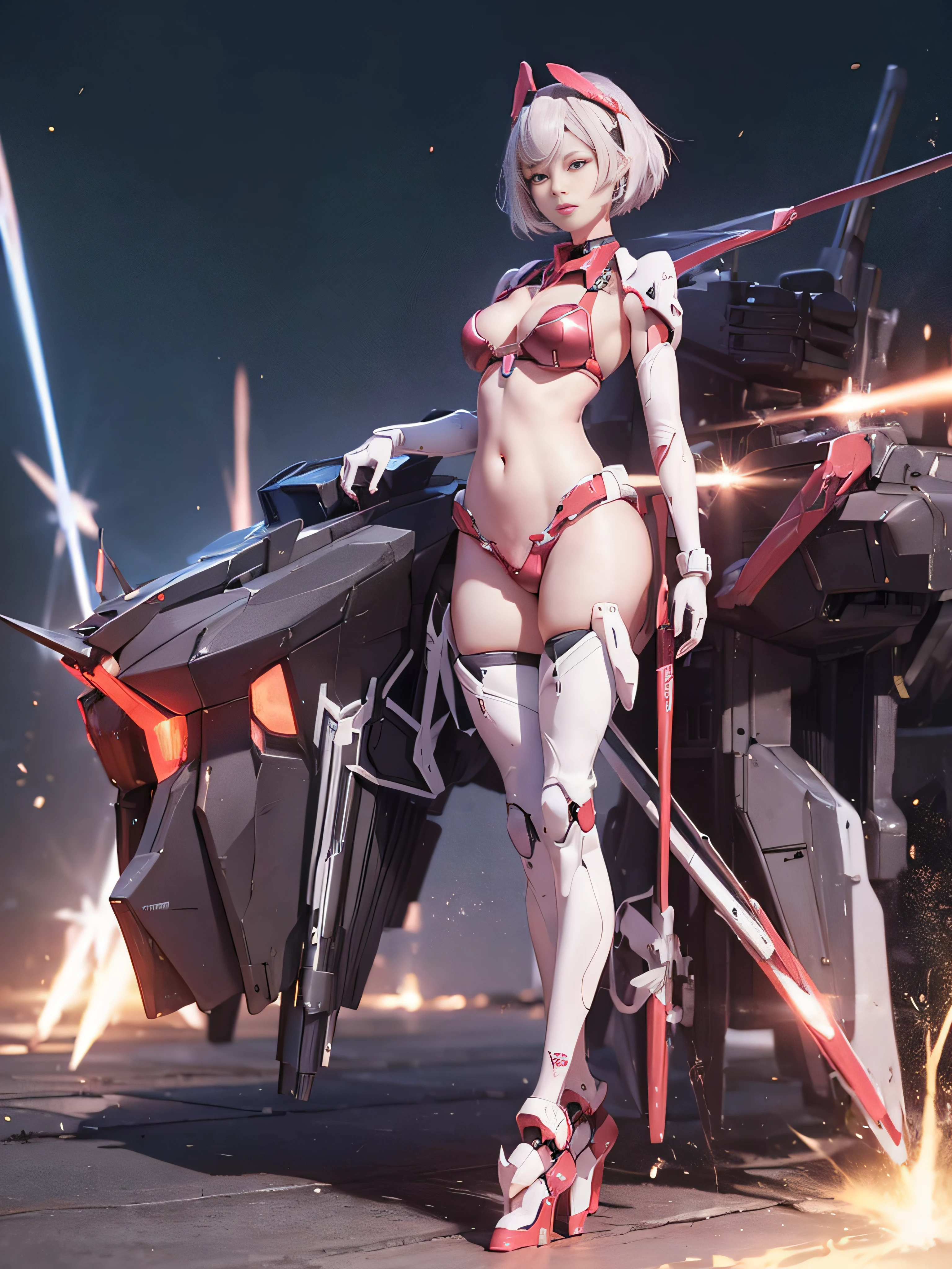 (((bikini-shaped Gundam armor)))), (((machine gun))), 8K, masterpiece, RAW photo, highest quality, photorealistic, extremely detailed CG integrates 8K, 8K, diamond and wallpaper, Depth of Field, Cinematic Light, Lens Flare, Ray Tracing, (Very Beautiful Face, Beautiful Lips, Beautiful Eyes), Intricately Detailed Face, ((Very Detailed Skin)), One Girl, Very Beautiful Korean female idol, 1 girl, (very slim and slender muscular) body: 1.3), ((long legs)), ((looks at viewer)), (light smile: 1.3), (background Blur), (No one in the background: 1.3), Beautiful earrings, bangles, necklaces, clear eyes, (white skin), (big eyes), ((full body shot)), (Various hairstyles, various hair color), (short hair), very slim, glamorous body, various situations, various angles, various locations, dynamic poses, Sozabi, mechanical,