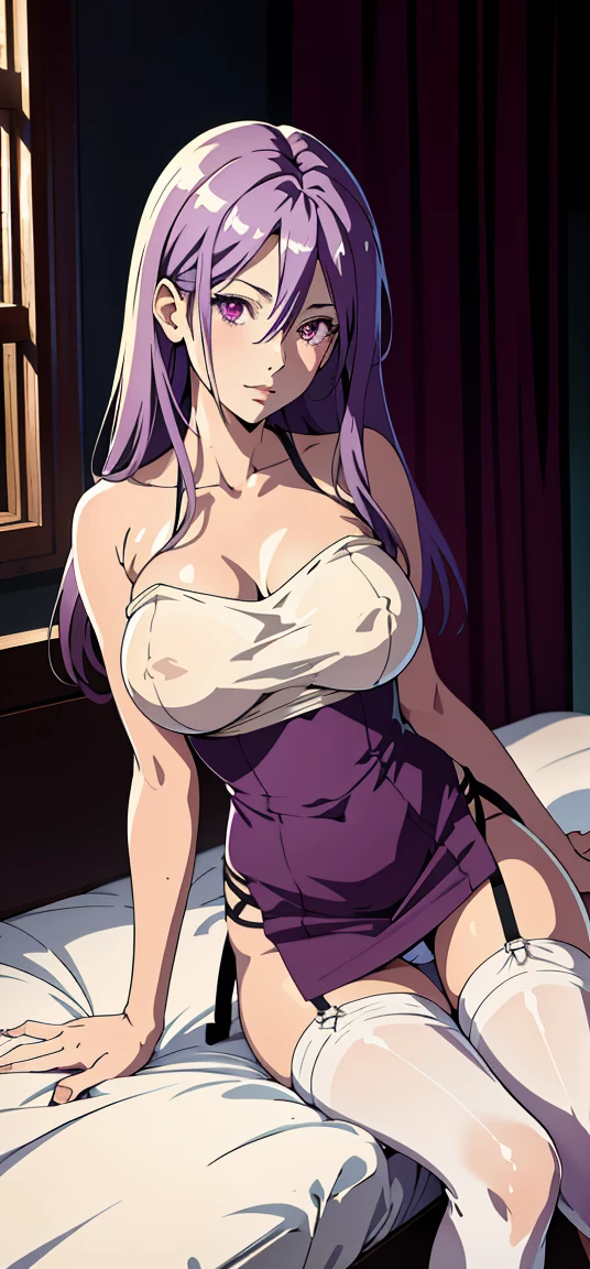 absurd res, high res, (masterpiece:1.4), ultra-detailed, 1girl, tokime, provoking, bedroom, sitting, stockings, purple eyes, purple hair, smirking, hand on breast:1.2, nsfw:1.4, naked:1.2)