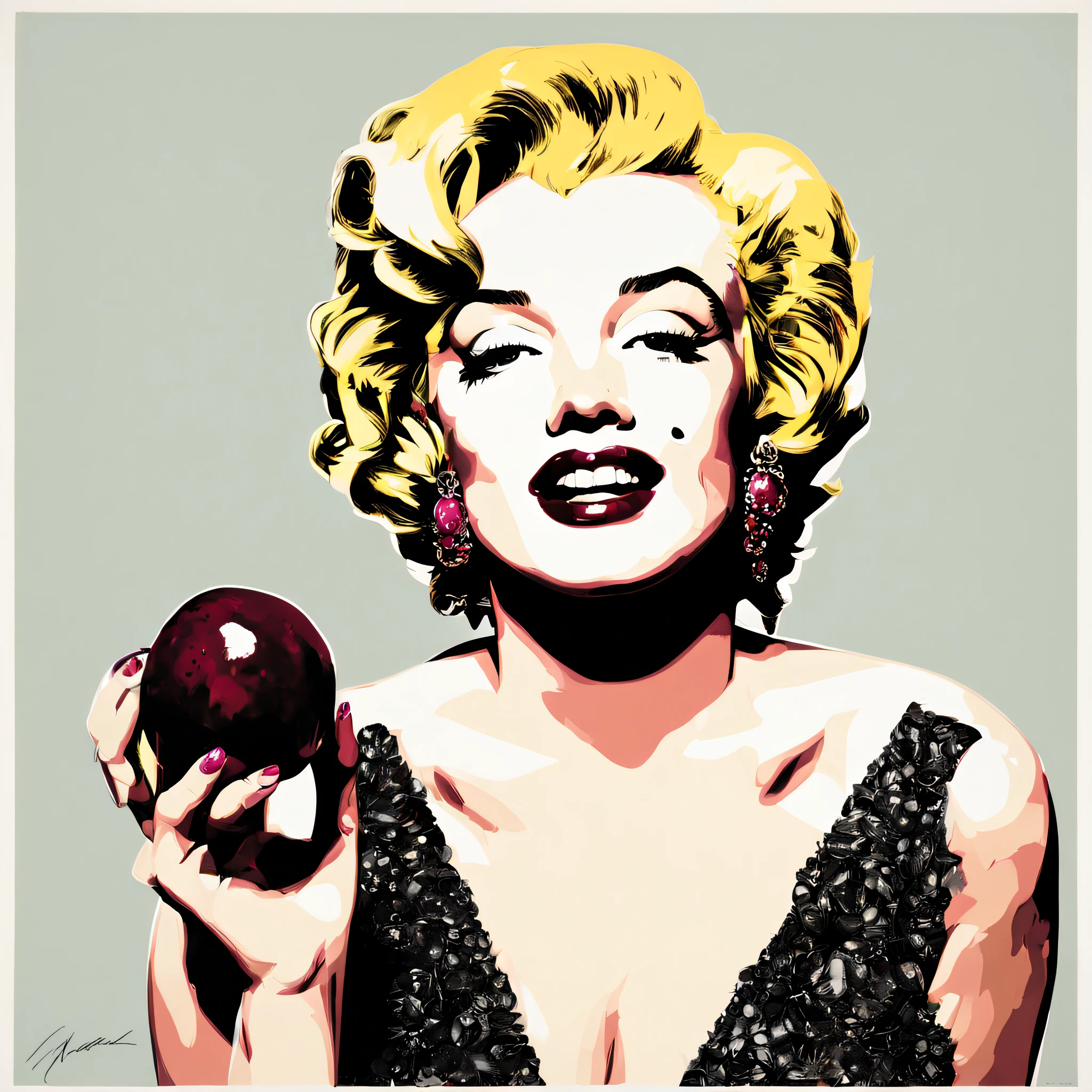 Marilyn Monroe by Andy Warhol, black plums and rhubarb in her hands, realistic style
