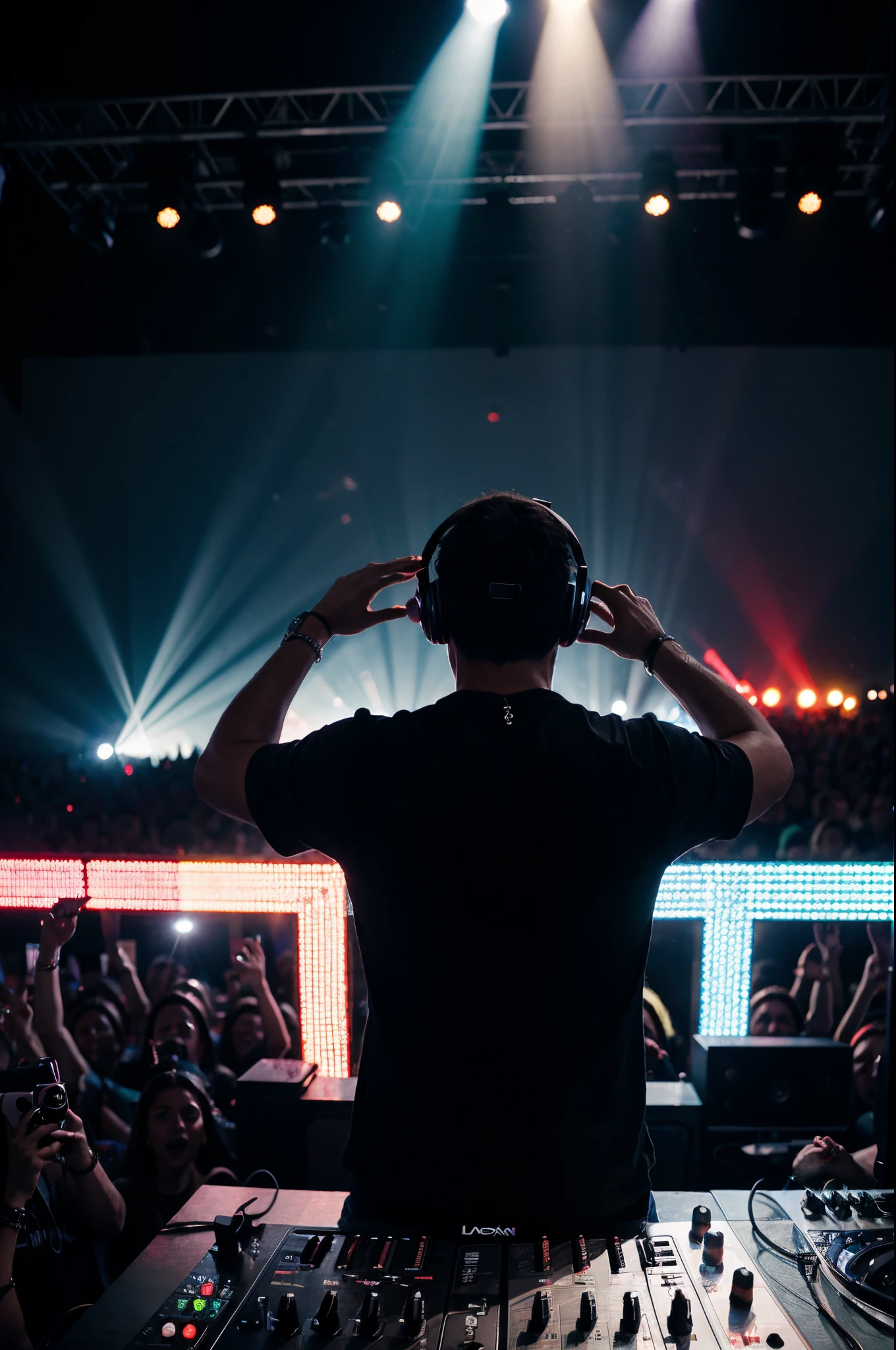 Uma imagem de um DJ tocando em um show ao vivo, with the crowd going crazy, hyperealistica
