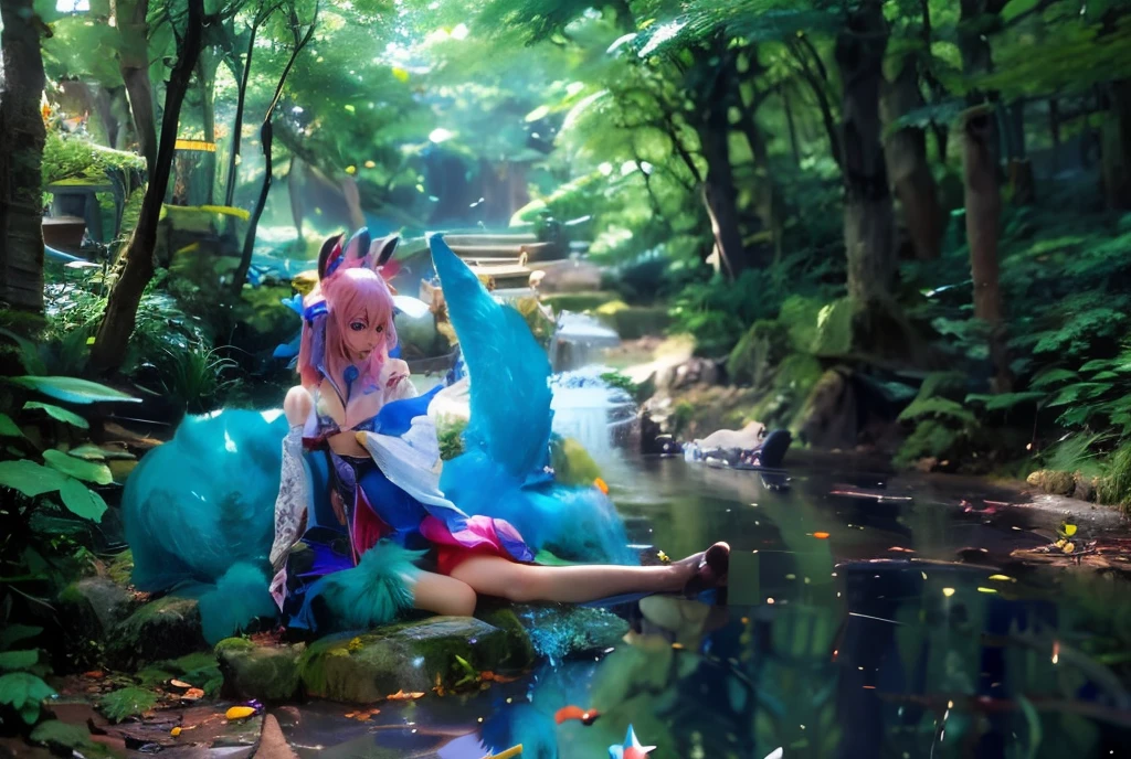 There is a woman in blue sitting on a rock in the woods, ahri, Tanuki in League of Legends, Serafina Ali Keda, fantasy photography, anime cosplaying, Charming cosplay, Inspired by League of Legends, League of Legends style, sylveon, Anime girl role play, Hatsune Miku cosplay, cosplay foto, League of Legends style, roleplaying