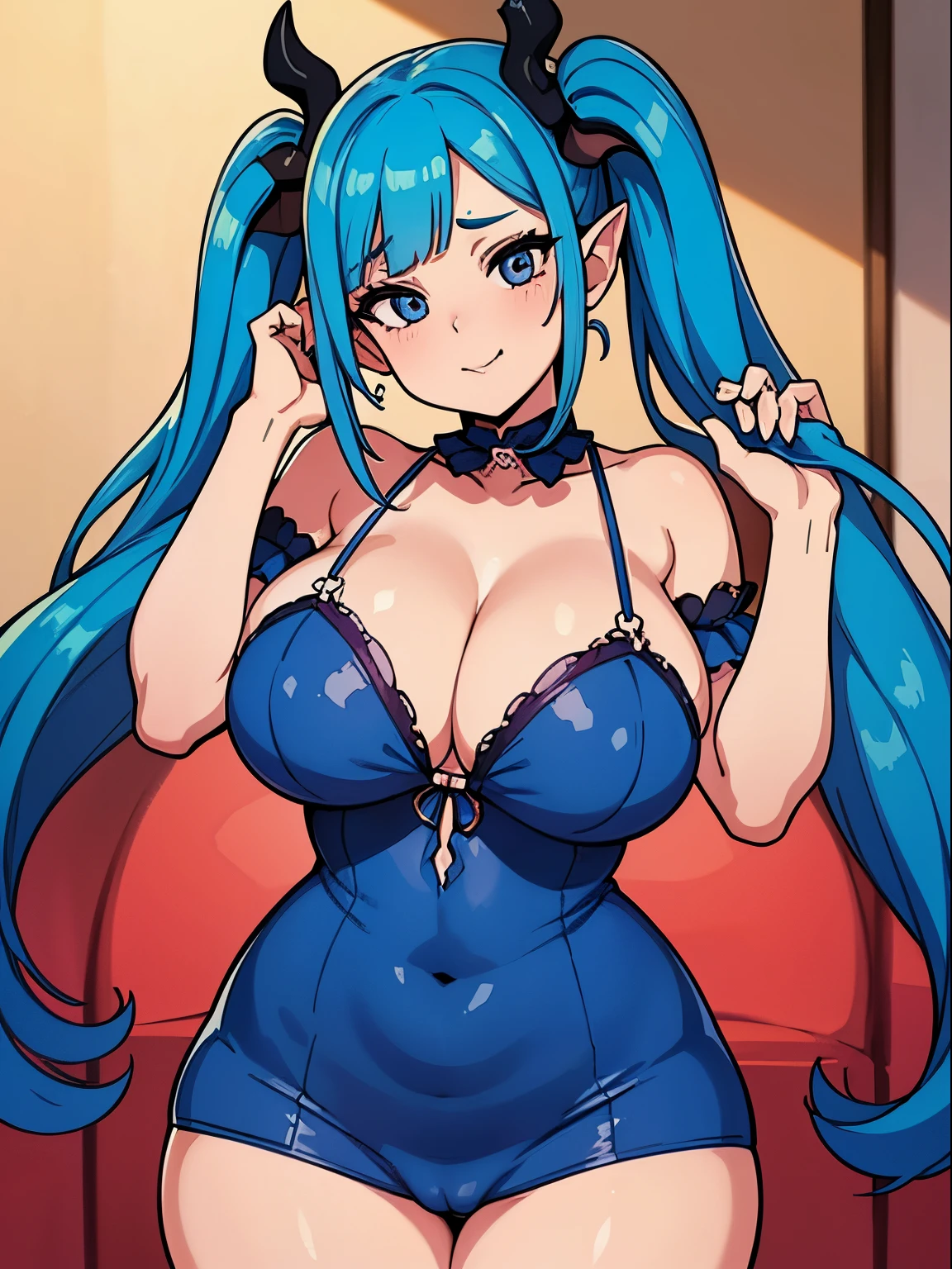 (melhor qualidade, obra-prima), 1Meninas, (corpo BBW), (cabelo azul), (pigtails), (succubus), Feliz, corada, rechonchuda, Fofa, emphasis on the thighs, Pose sexy, seios grandes, hands on breasts