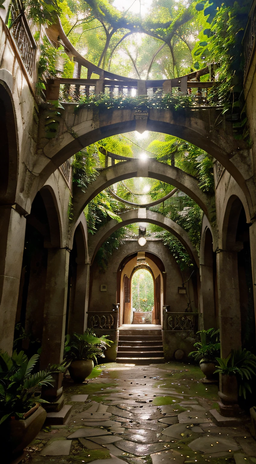 A utopian city, chamada Eldoria, is hidden in a dense forest, of tall trees, luz filtrada. Sua arquitetura tem pedras luminosas, madeira resplandecente, cristais, intricate patterns. The houses have ethereal bridges, air connection, caminhos elelevados. It has hanging gardens with magical flowers, cachoeiras cristalinas, cores vibrantes. Their homes are integrated into the trees, panoramic balconies, lanternas flutuantes. Beleza oculta, harmonia perfeita, elven refuge.