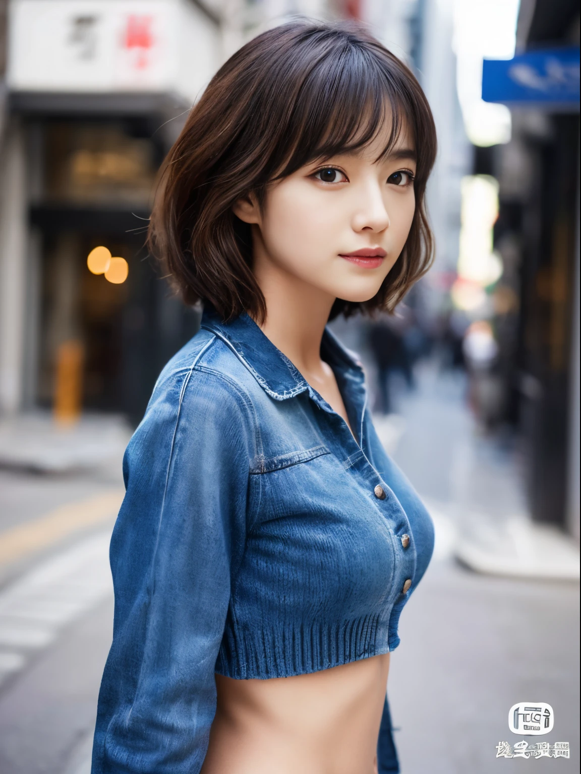 ((top-quality、in 8K、masterpiece:1.3))、foco nítido:1.2、Beautiful woman perfect body:1.4、Slim abs:1.2、((Very short hair:1.2))、(Dark blue knitwear、denim:1.1)、(Sateen、a street:1.2)、wetbody:1.5、Three-dimensional texture、A detailed eye、Brown hair、Very shiny hair、posterior view、Hair quality improvement、Handsome short、Short-haired blonde。