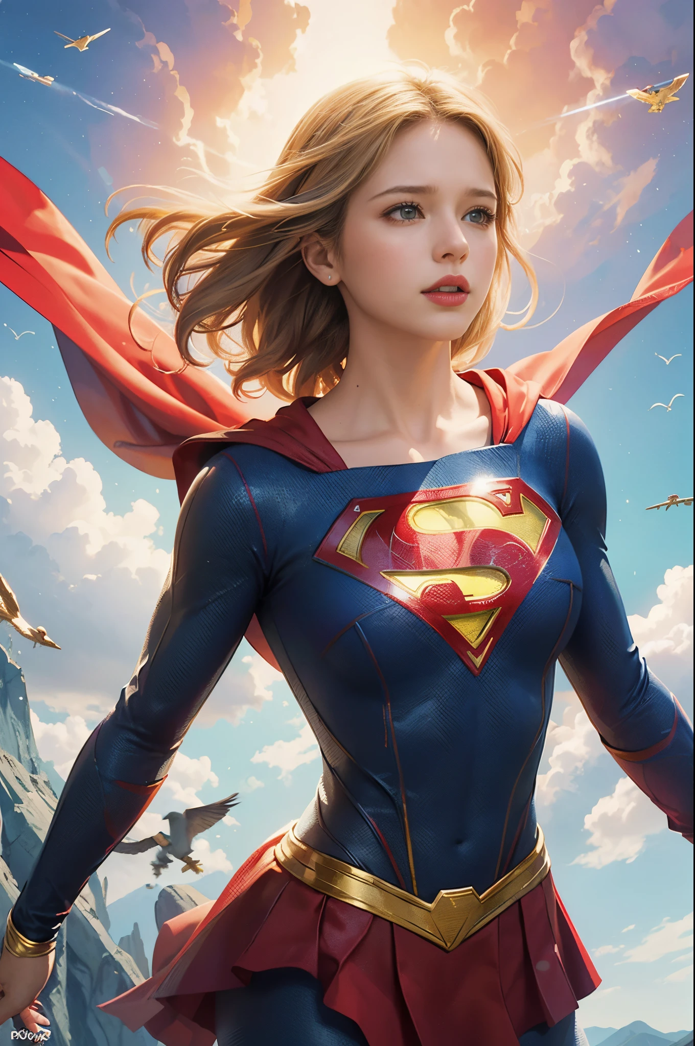 photorealistic, octane render, best quality, sharp focus, 8k, 4k, Masterpiece,   <lora:Milly_Alcock-v1:0.8> a woman m111y,  <lora:Supergirl:0.5> supergirl, Milly Alcock wearing Supergirl outfit, blonde hair, blue eyes, short hair, centre parting hair, facing viewer, looking at viewer, middle finger on both hands, flipping off viewer, simple background