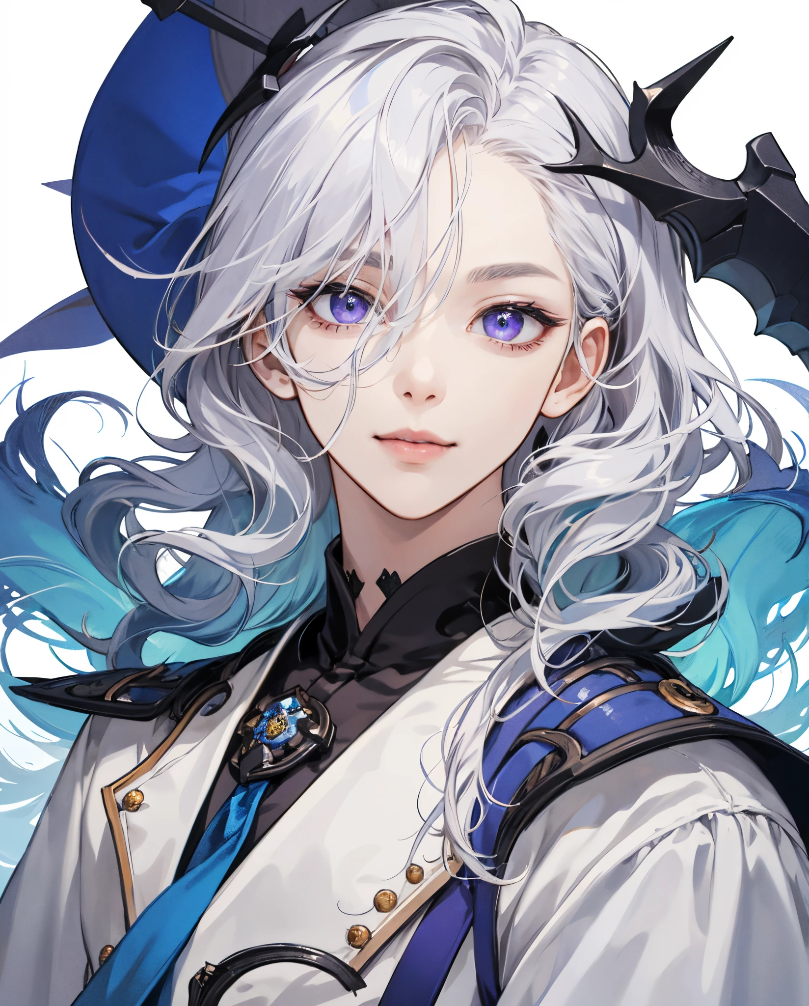 masterpiece、top-quality、超A high resolution、2D Bishonen、animesque、Teenage Boy、White hair、The long-haired、Beautiful purple eyes、Blue tailcoat、The clothes are also depicted in detail、Eyes are depicted in detail、The face is depicted in detail、sorcerer、soio、Gentle smile、hair adornments、animesque、illustratio
