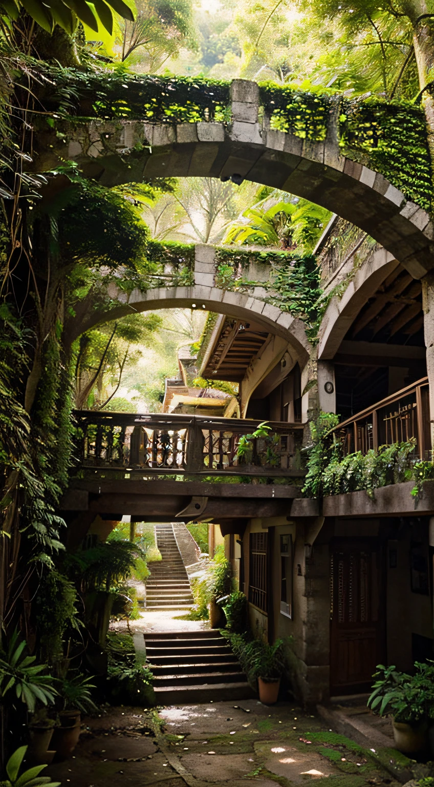 A utopian city, chamada Eldoria, is hidden in a dense forest, of tall trees, luz filtrada. Sua arquitetura tem pedras luminosas, madeira resplandecente, cristais, intricate patterns. The houses have ethereal bridges, air connection, caminhos elelevados. It has hanging gardens with magical flowers, cachoeiras cristalinas, cores vibrantes. Their homes are integrated into the trees, panoramic balconies, lanternas flutuantes. Beleza oculta, harmonia perfeita, elven refuge.