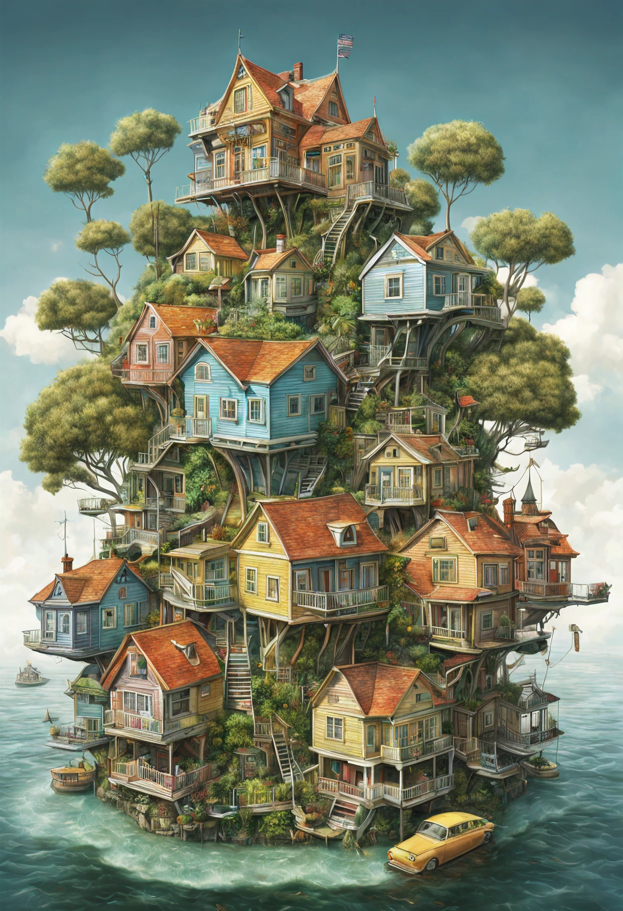 GhibliStyle stacked-houses on floating island, intricate details, by Laurie Lipton, Concept Art,colorfull, high_res,3d style,3d