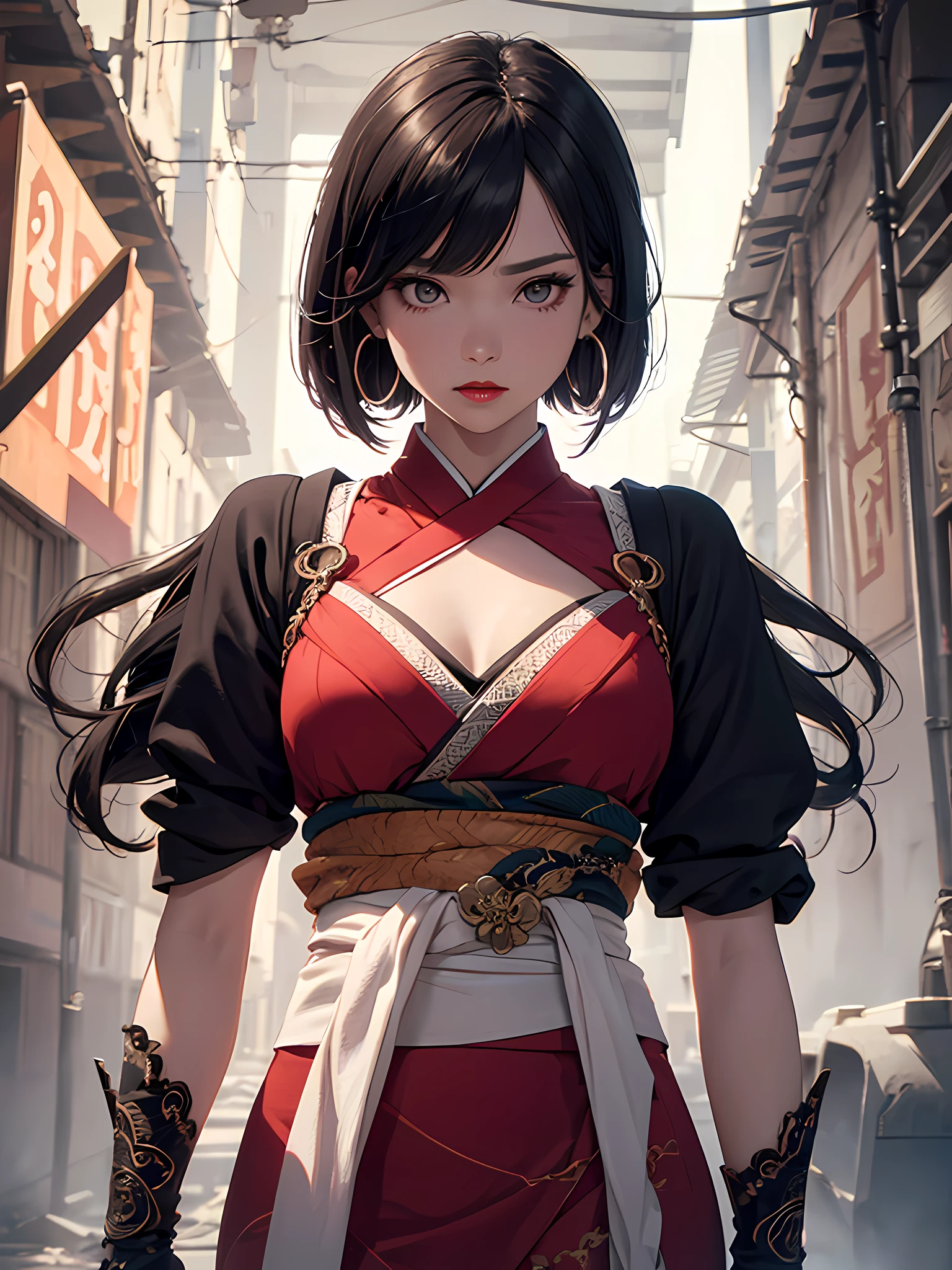 UHD, 16k, anatomically correct, perfectly detailed anatomy, intricate details, award winning, cinematic lighting, bloom, ray tracing, ultra photorealistic, (((1female))), Asian, black Ombre straight bangs with short bob hairstyle, long eyelashes, eyebrows behind hair, expressionless, crazy eyes, hoop earrings, red lips, atmospheric perspective, textured skin, kimono, dagger