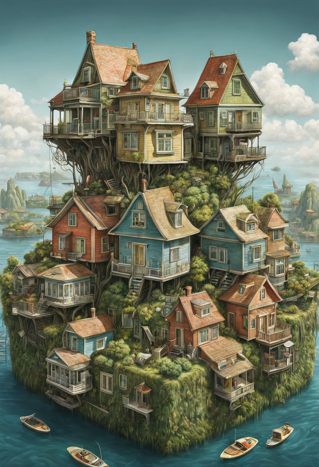 GhibliStyle stacked-houses on floating island, intricate details, by Laurie Lipton, Concept Art,colorfull, high_res,3d style,3d