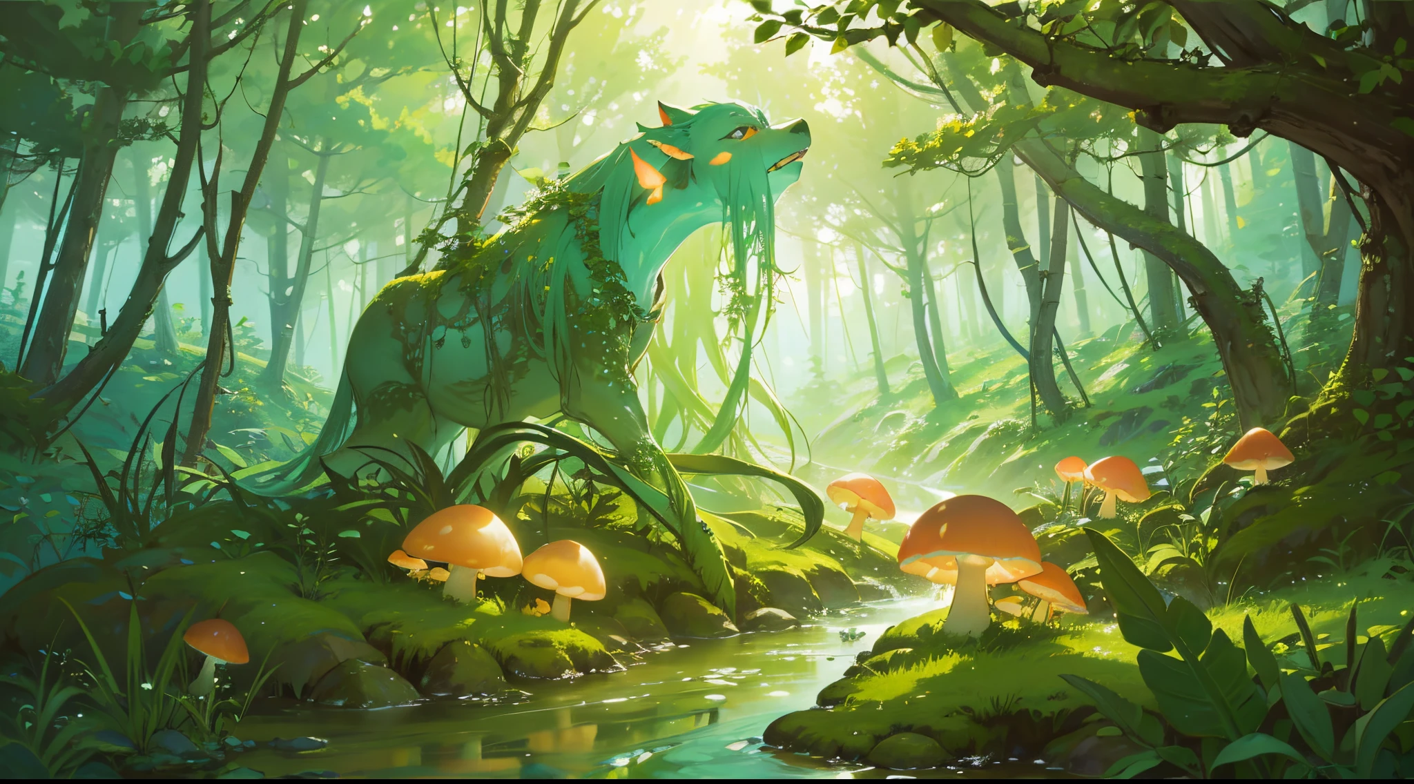 (materpiece, top quality) A whimsical digital painting of a magical lush forest with sparkling streams, glowing mushrooms, and cute forest creatures. Painted in a dreamy style similar to Jasmine Becket-Griffith with vibrant colors and fantasy elements.