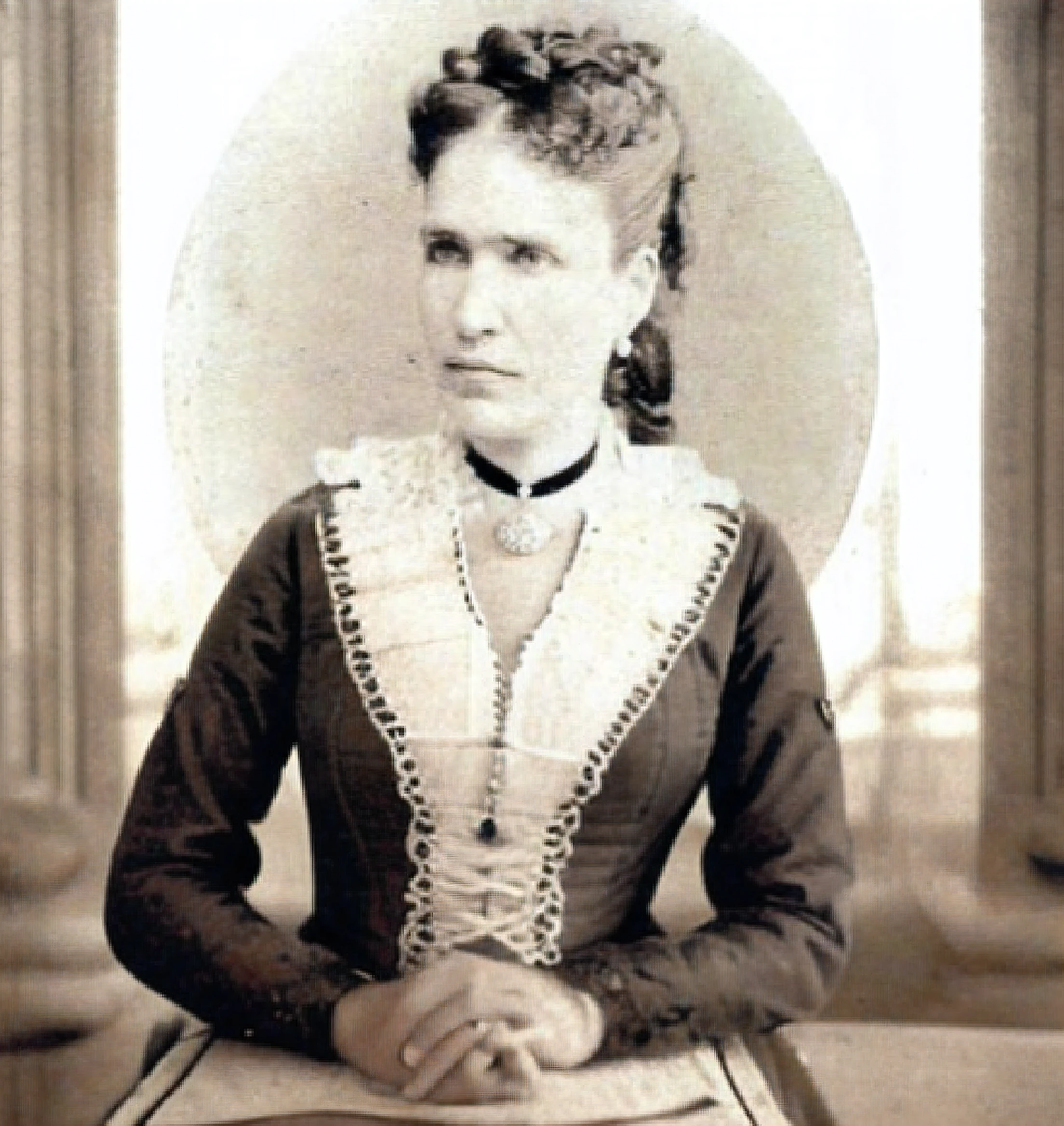 an old photo of a woman with a braid in her hair, Margarida Watts Hughes, Foto de uma mulher, Martha Greta Kempton, Elizabete Jane Gardner, 1 8 8 0 s fotografia, georgia anne muldrow, 1850, 1 8 5 0, tirada em meados de 1800, Cornelia Geppert, Generate an image that represents the Baroness of Grajaú in a rigid and imposing way, em estilo de uma fotografia antiga, com ({European traits of the Late Middle Ages}), pele clara, olhos azuis ou verdes, cabelos variados (incluindo negro), and a rigid expression, sadistic and bitter. O ({penteado}) reflete a moda austera da Europa medieval, com ({cabelos longos}) cuidadosamente arrumados. She wears period formal attire. ({vestidos longos e saias, blusas de mangas compridas}), made from linen and wool, adaptados ao clima tropical do Brasil, Maintaining sobriety and elegance. The setting highlights the Baroness&#39; rigid and cruel stance, with soft lighting and facial nuances that make it threatening and enigmatic. The generated image must capture the imposing presence and sadistic and embittered expression of the Baroness of Grajaú, utilizando um fundo preto e papel envelhecido para compor a cena. upscale de qualidade, melhore a qualidade da imagem