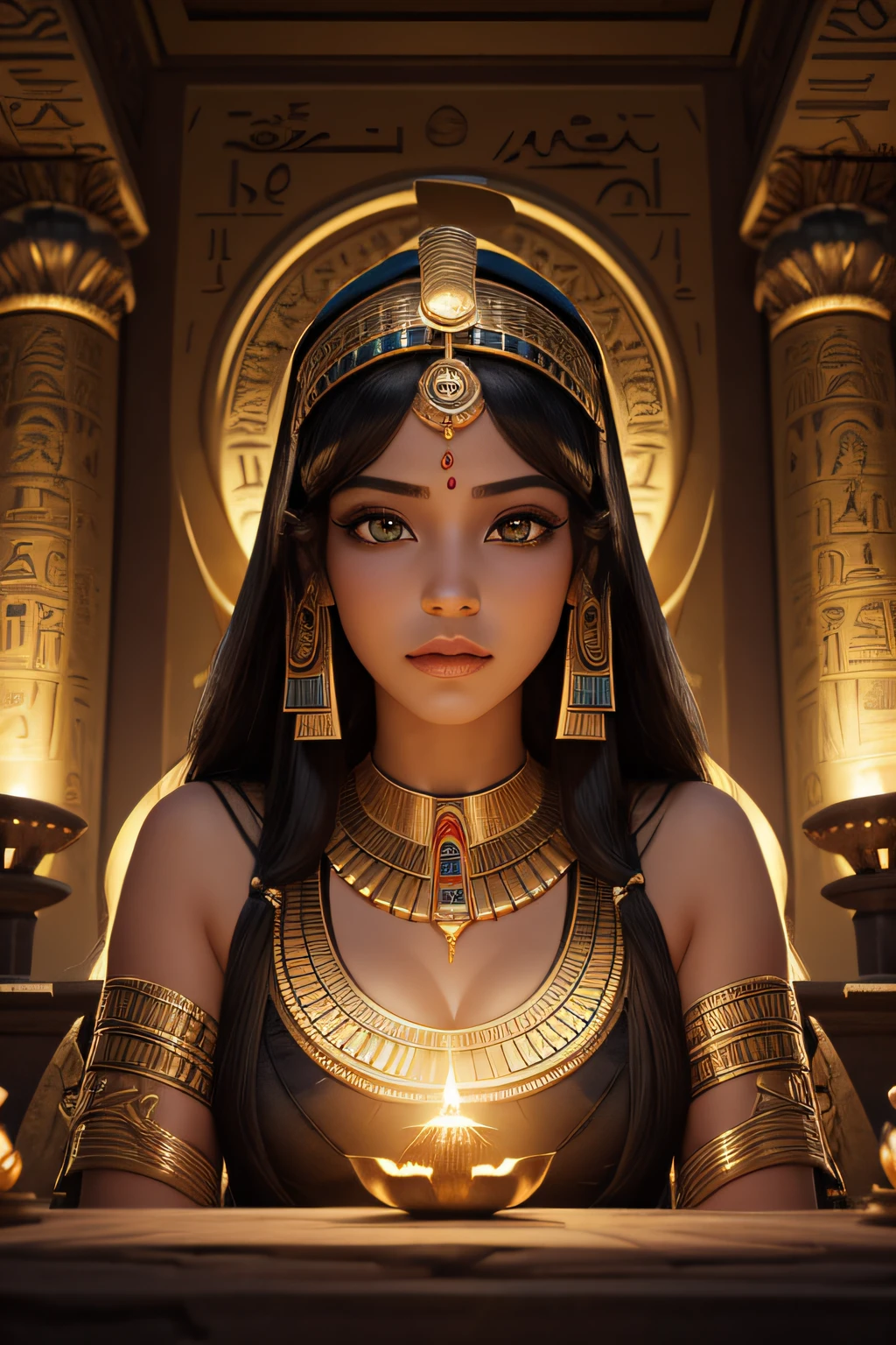 egyptian aesthetics, a person meditating,woman with long black hair,deep in thought,imagining spiritual dimension,angels emerging from thoughts,golden and pink aura,colorful lights in environment,(best quality,8k,highres,masterpiece:1.2),ultra-detailed,realistic,photorealistic:1.37,cinematic lighting,digital painting,fantasy art, egypt architecture