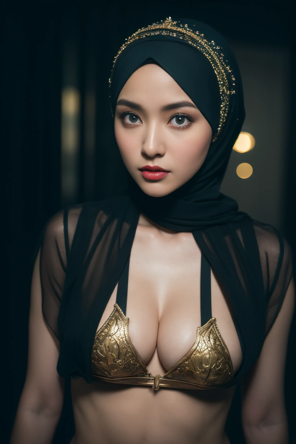 bellydancer, cyberpunk, javanese, (((hijabi))), cleavage, reflection light, chiaroscuro, depth of field, cinematic lighting, ray tracing, Sony FE GM, UHD, super detail, masterpiece, textured skin, high details, best quality, award winning,3D,hdr(HighDynamicRange),Ray tracing,NVIDIA RTX,Hyper-Resolution,Unreal 5,Subsurface scattering、PBR Texture、post-proces、Anisotropy Filtering、depth of fields、maximum definition and sharpness、Many-Layer Textures、Albedo e mapas Speculares、Surface coloring、Accurate simulation octane rendering of light-material interactions、Two-colored light、largeaperture、Low ISO、White balance、the rule of thirds、8K raw data