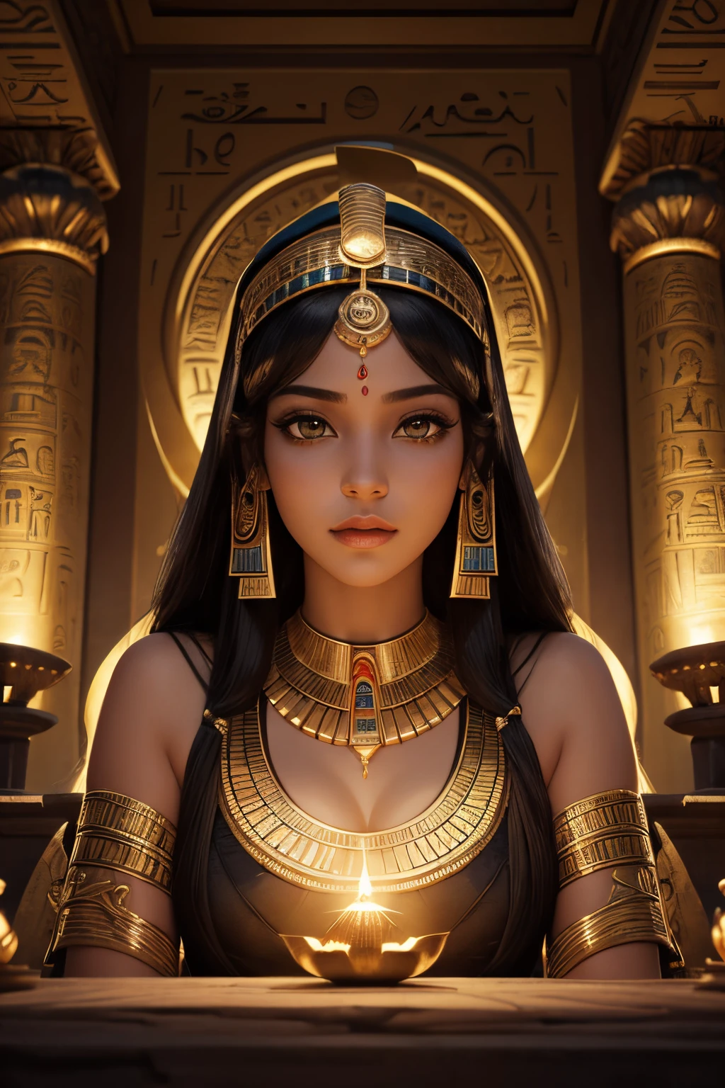 ancient egypt,1girl,nile river,great pyramids,sphinx,golden jewelry,elaborate headdress,captivating gaze,detailed hieroglyphics,sculptured columns,richly decorated temple walls,sparkling gemstones,soft flowing dress,sands of the desert,mythical creatures,majestic pharaohs,divine goddess,serene expression,mesmerizing beauty,royal scepter,lotus flowers,grandiosity,eye of Horus,fragrant incense,incandescent sun,shimmering oasis,ethereal aura,royal court,dusk,dawn,mysterious rituals,epic civilization,eternal legacy,majestic monuments,secret chambers,pharaoh's tomb,undying spirit of the ancient Egyptians,(best quality,4k,8k,highres,masterpiece:1.2),ultra-detailed,realistic,photorealistic:1.37,portraits,concept artists,vivid colors,warm golden tones,dramatic lighting.