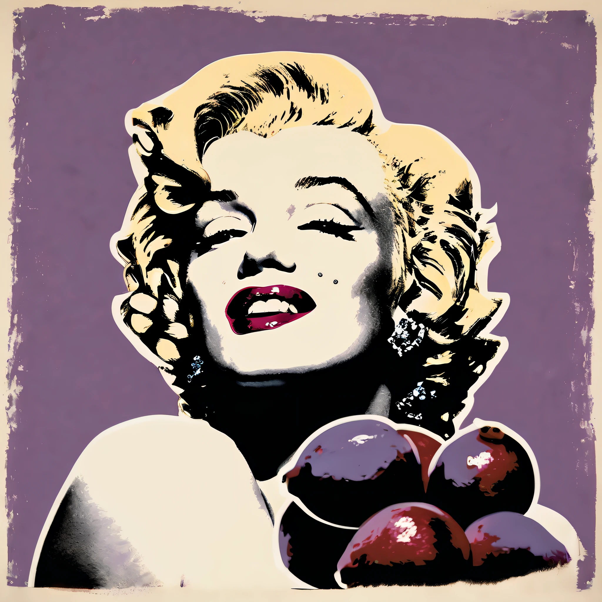 Marilyn Monroe by Andy Warhol, beautiful, black plums in her hand, realistic and modern style