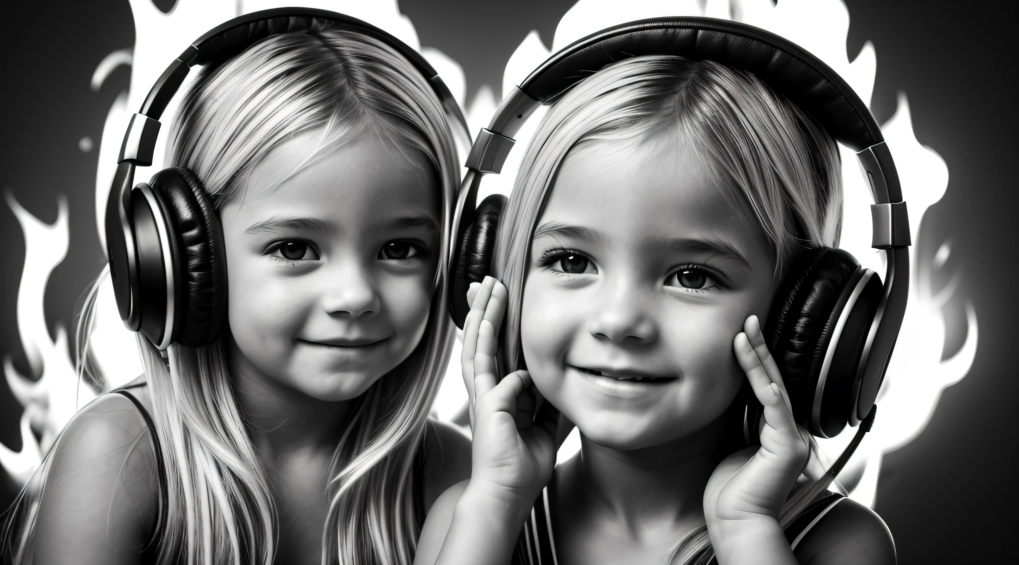 uma foto em black and white de uma CHILD blonde cabelos longos with headphones, with hands on face, Samara Tecelagem, FIRE, FOGO, FLAMME. gorgeous female.