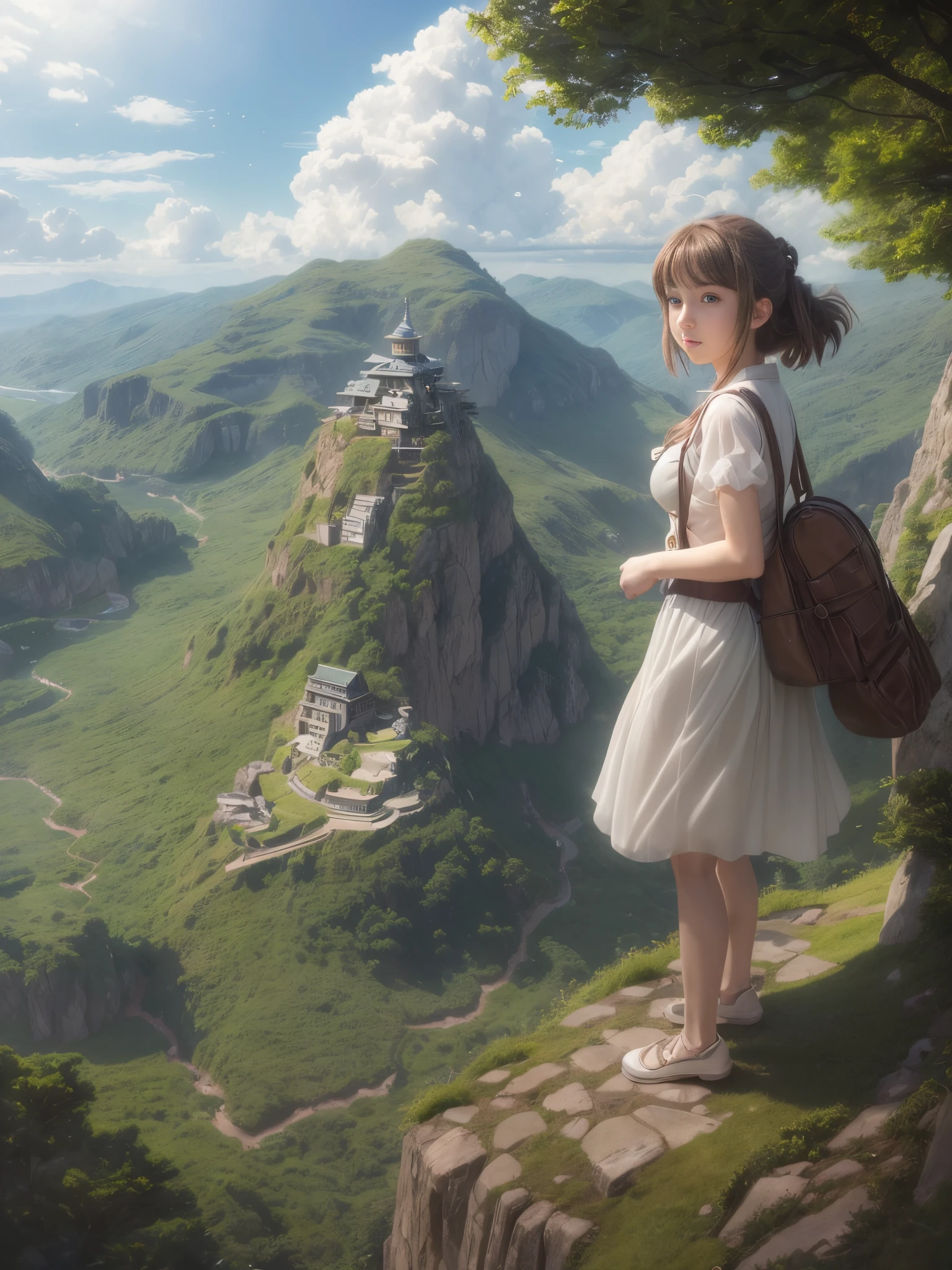 (Raw photo:1.2), (Photorealistic), Beautiful detailed girl, Very detailed eyes and face, Beautiful detailed eyes, Huge file size, High resolution, Very detailed, Best Quality, [masutepiece:1.6], Illustration, Very detailed, Fine detail, Best Quality, 8K Wallpaper, Movie Lighting,15 yo woman of the Ghibli world, beautiful face, Ghibli's view in Ghibli mountain, A symbol of power that materializes at her feet, detailed eyes, detailed underwear, Ghibli style bra, Ghibli style panties, detailed face, Ghibli's Worldview, beautiful eyes, sky like Ghibli style