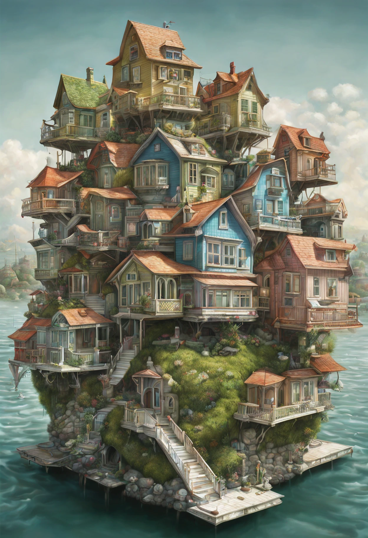 GhibliStyle stacked-houses on floating island, intricate details, by Laurie Lipton, Concept Art,colorfull, high_res,3d style,3d