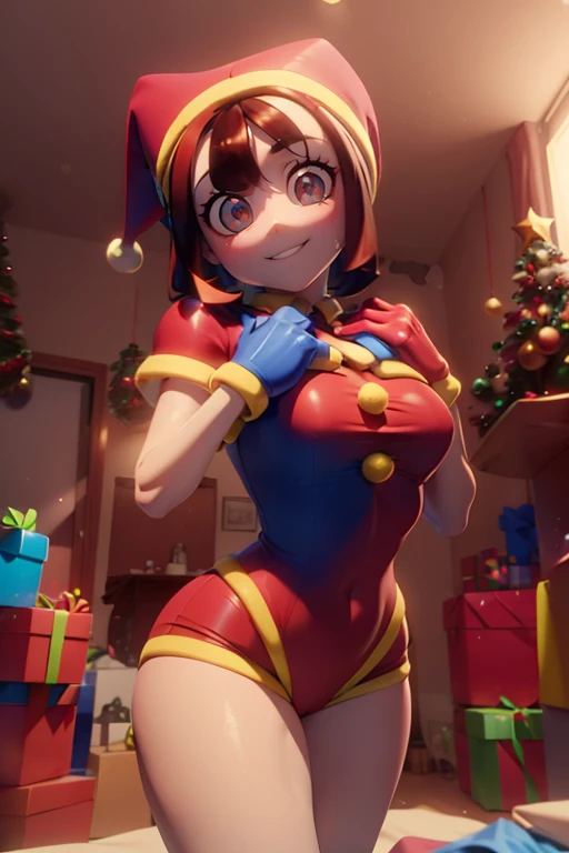 (master piece: 1.1), (pomni), 1girl, mature female, emphasis on face, detailed face, (detailed clored eyes), (blushing), anime character, smiling, christmas clothes, dynamic pose:1.2, gloves red and blue, ((wearing santa claus hat)), dynamic brown hair, short hair, bedroom, christmas theme room, christmas tree, cowboy shot, blur_background