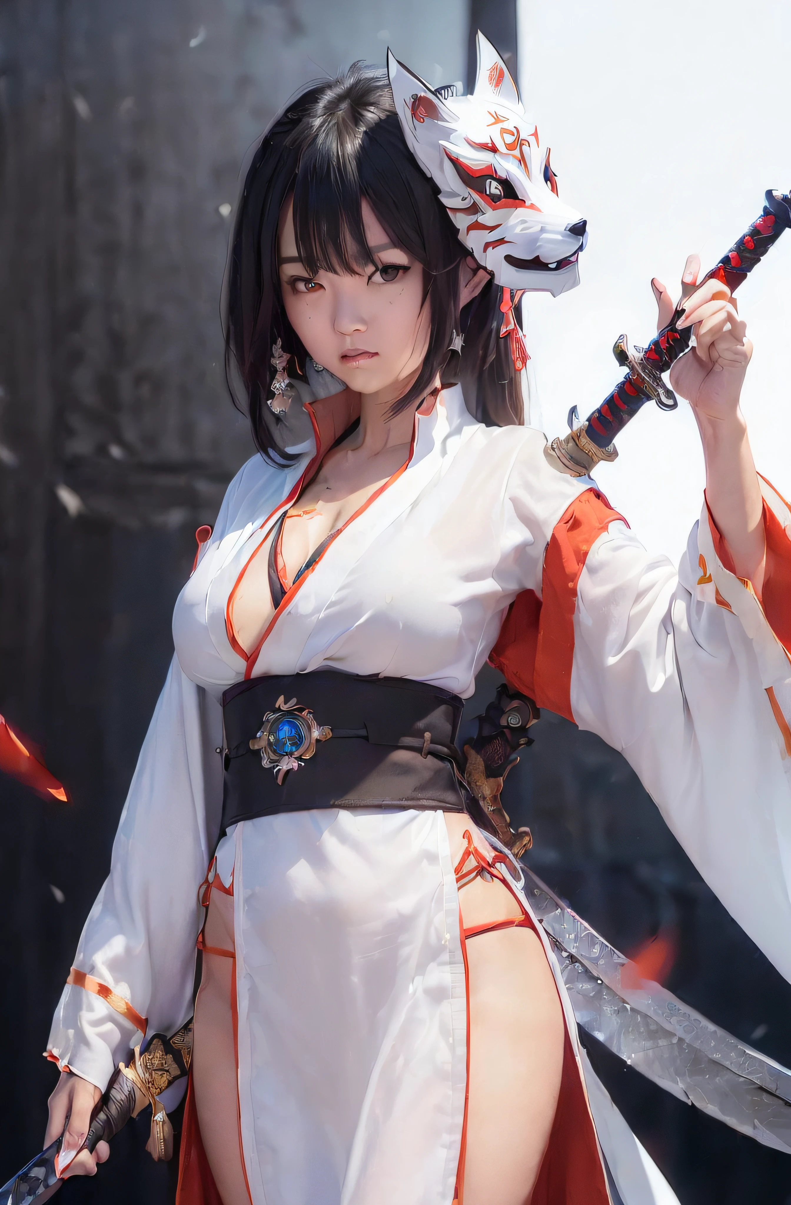 ((RAW image quality:1.4)),8K分辨率,Ultra-detailed CG images, masutepiece, Ultra-detailed, Female samurai dressed in a bewitching white costume, Short black hair, cleavage of the breast, captivating blue eyes, (holding a long sword:1.4), katanas, (Sexy priestess costume:1.4), Fiery background,(((The moment when you pull out your sword and wield it:1.4))), Brilliant sword muscles that emit light, (He wears a demon fox mask:1.4)