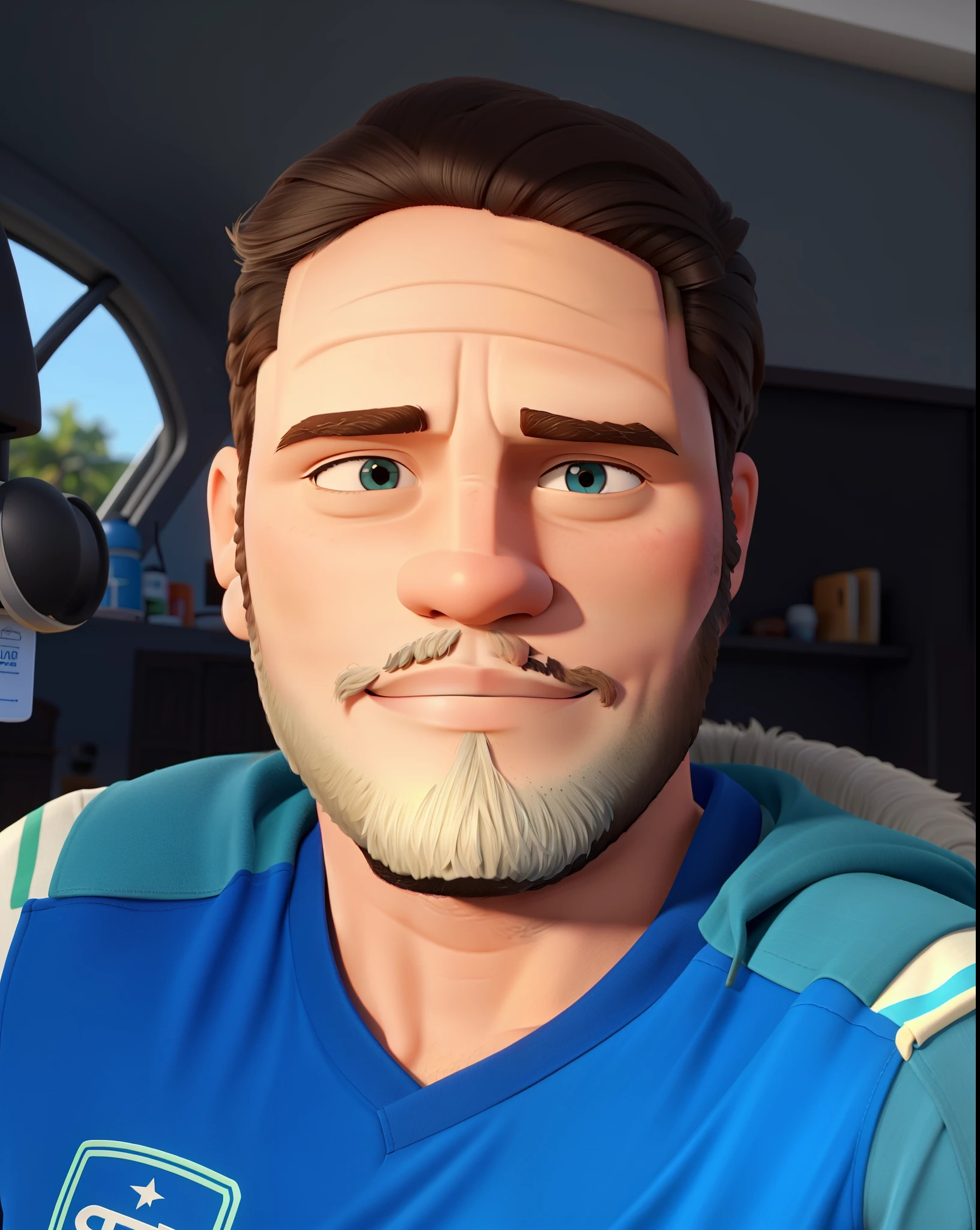 homem branco, cabelo curto, barba rala, camisa azul