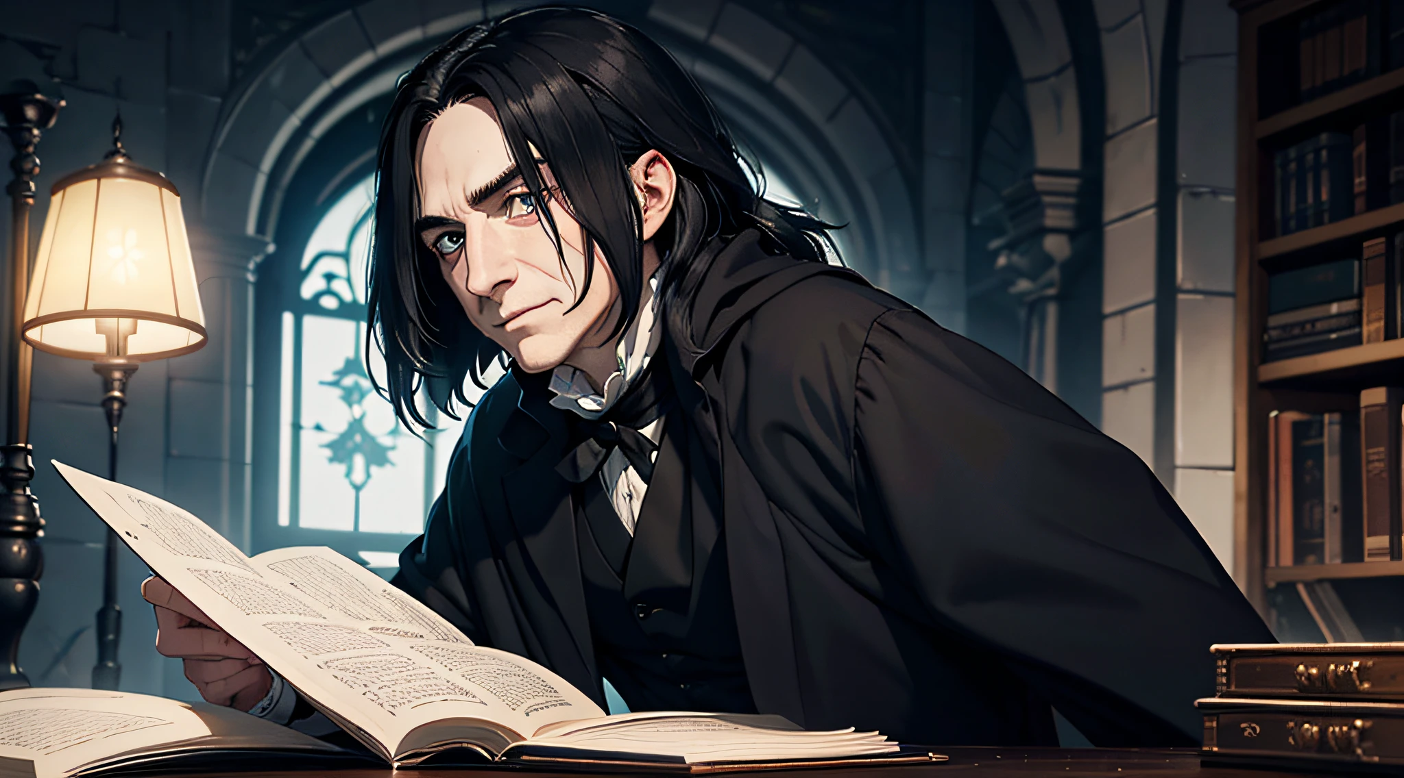 Meisterwerk, Top quality, ((Totale)), ((Ein Mann)), ((mit dem Gesicht von Severus Snape)), ((schwarze_Haare)), ((schwarze_Augen)), ((schulterlange_Haare)), large, ((schwarze_Roben)), leer, lascivious smile, ((alone)), stehend, leicht nach vorne gebeugt, leer, Kerzenlicht
