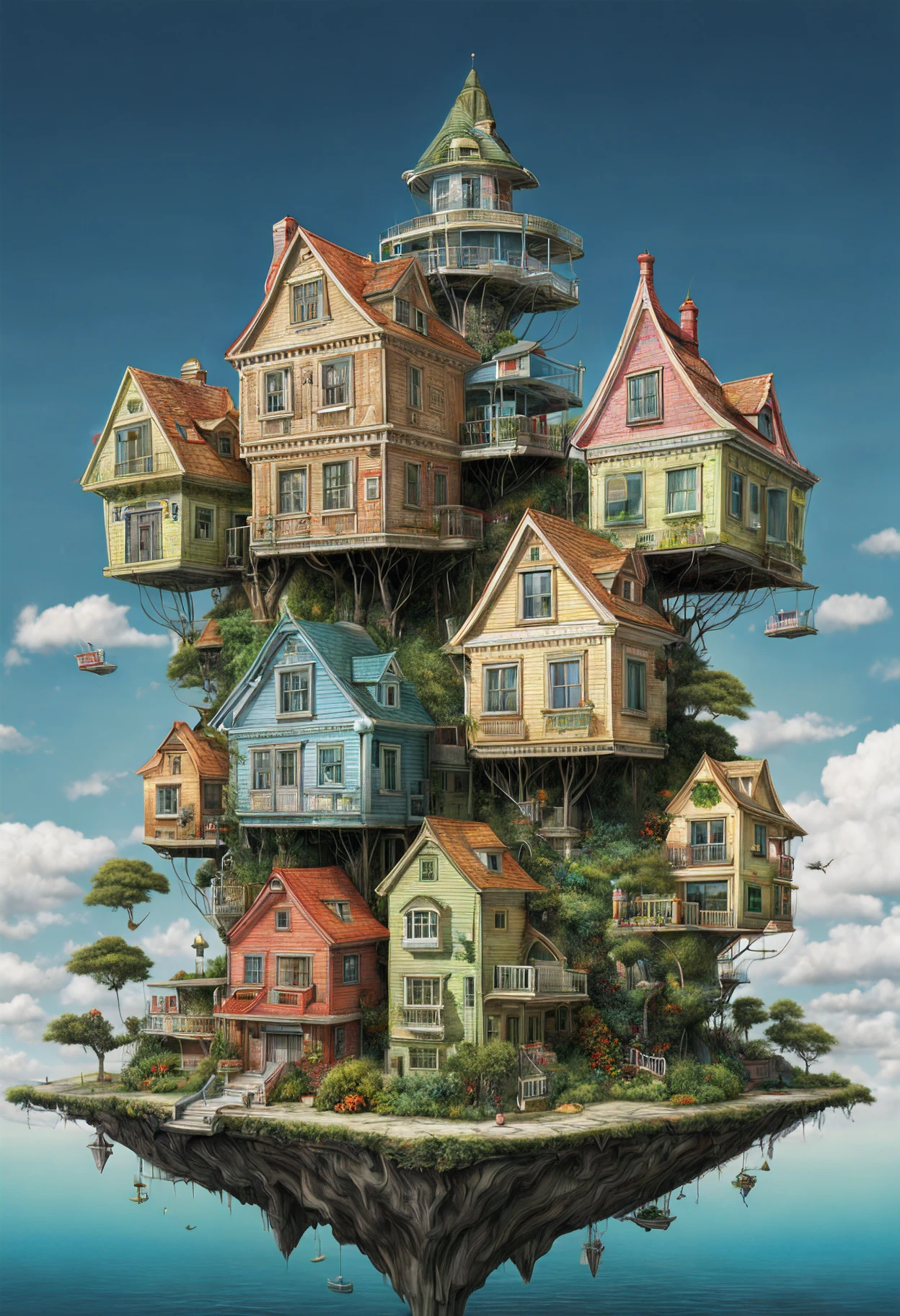 GhibliStyle stacked-houses on floating island, intricate details, by Laurie Lipton, Concept Art,colorfull, high_res,3d style,3d