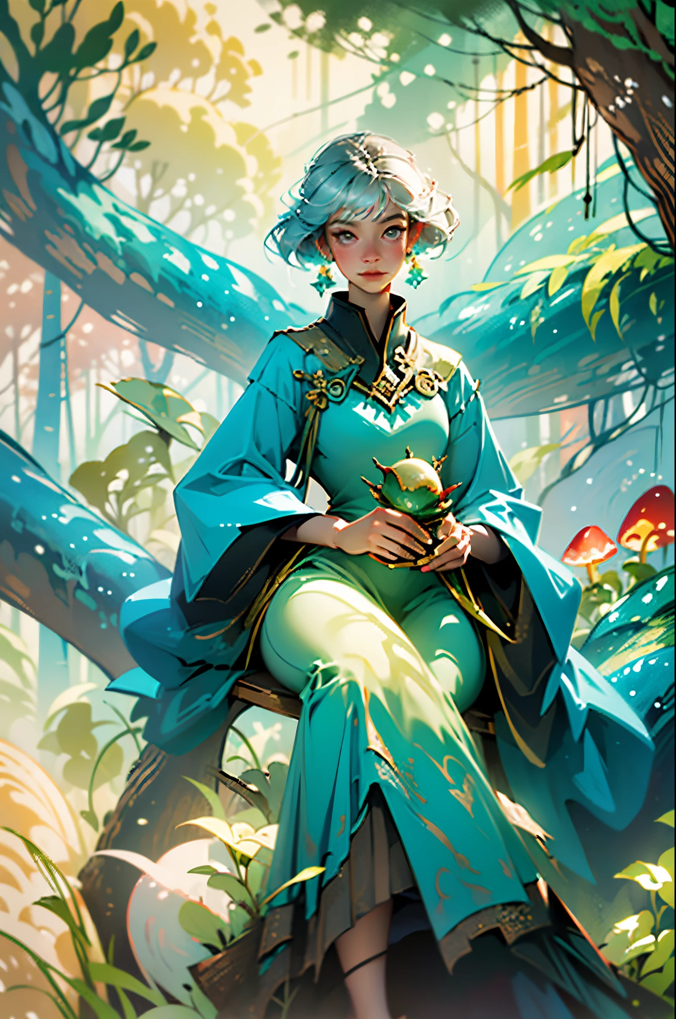 (materpiece, top quality) A whimsical digital painting of a magical lush forest with sparkling streams, glowing mushrooms, and cute forest creatures. Painted in a dreamy style similar to Jasmine Becket-Griffith with vibrant colors and fantasy elements.