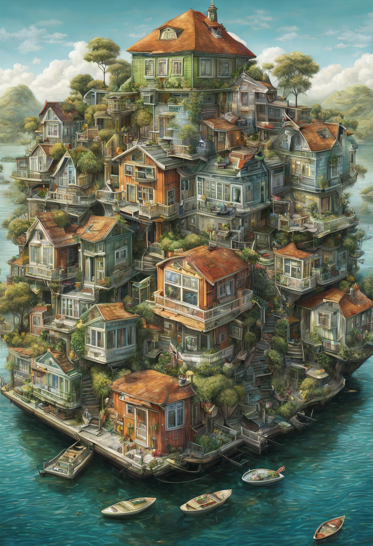 GhibliStyle stacked-houses on floating island, intricate details, by Laurie Lipton, Concept Art,colorfull, high_res,3d style,3d