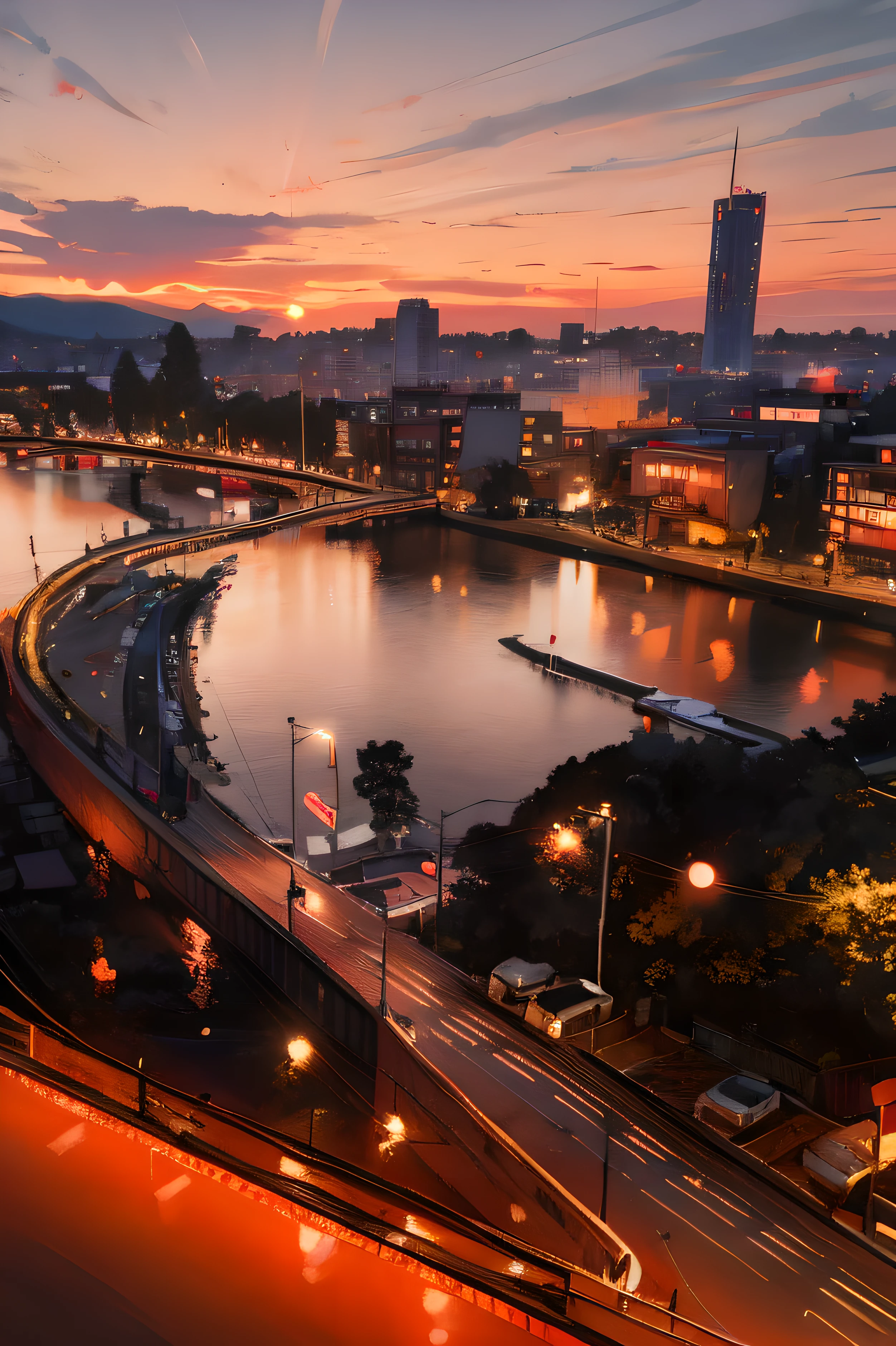 Cinematic, Scenic spot one, Mt fuji、the city street,eventide，evening light， The sky is red, bokeh, like a dream, Surreal, realistically