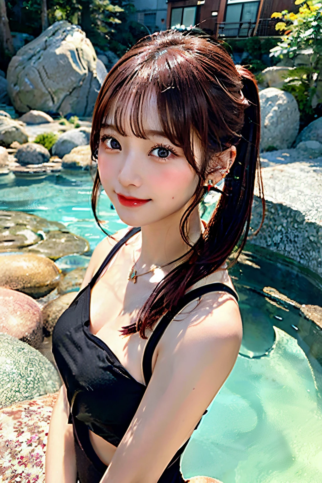 Realistic Junior Idol、Momo Shiina、１４age、Standing、microbikini、(pool side)、Twintails、(Small Tits)、Skinny、(The groin area is clearly visible)、large Mons pubis。