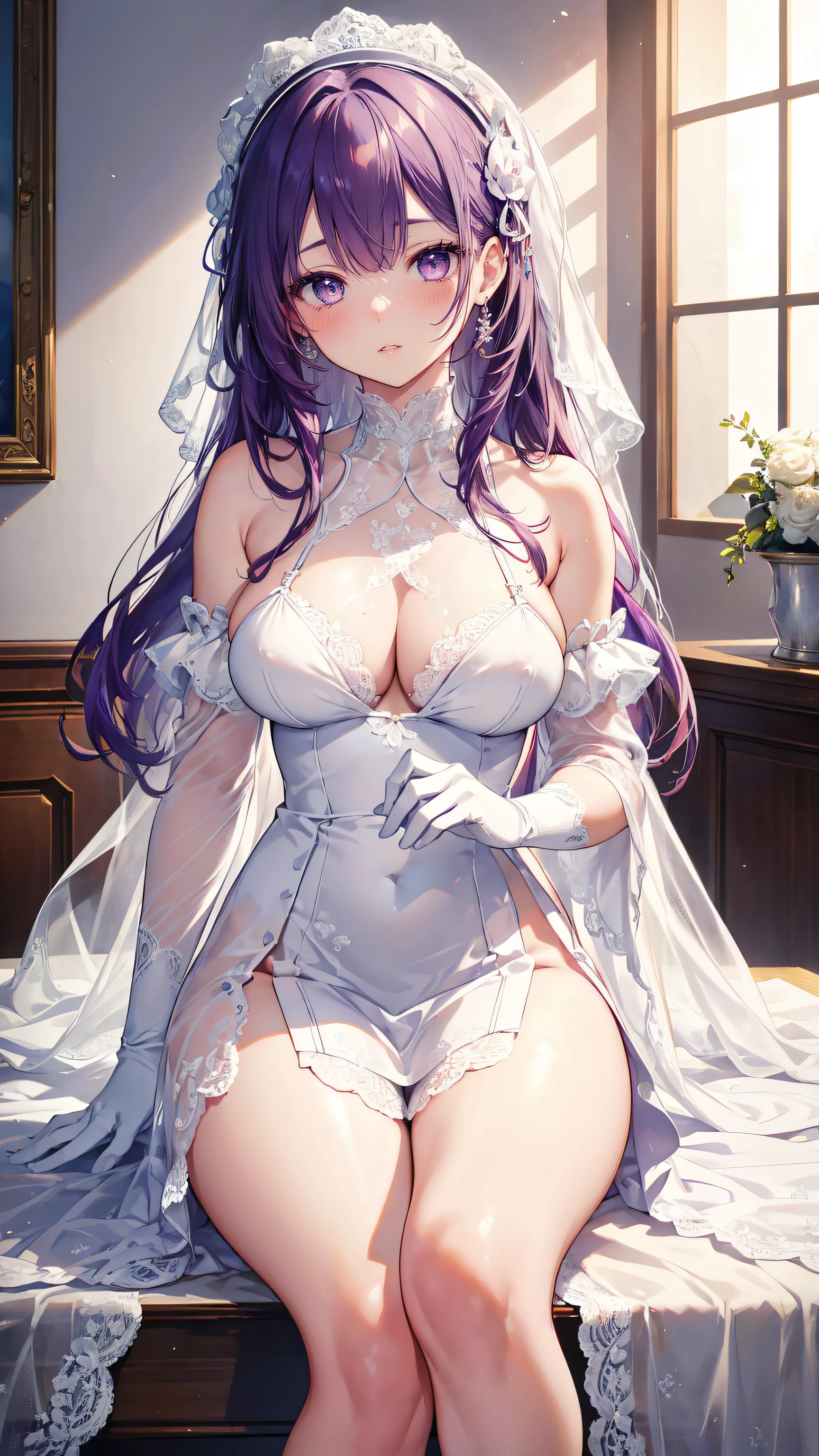(best quality, high resolution, masterpiece:1.2), ultra-detailed, Japanese animation, 1 girl, indoors, room, luxurious, depth of field, (beautiful detailed eyes:1.2), (beautiful detailed lips:1.1), (flowing purple hair), (added a white dress), (added white lace gloves), (added white lace lingerie), enhanced perfect figure, blushing, (exquisitely defined facial features), vividly depicted fingers, lifelike facial expressions, sexy thighs