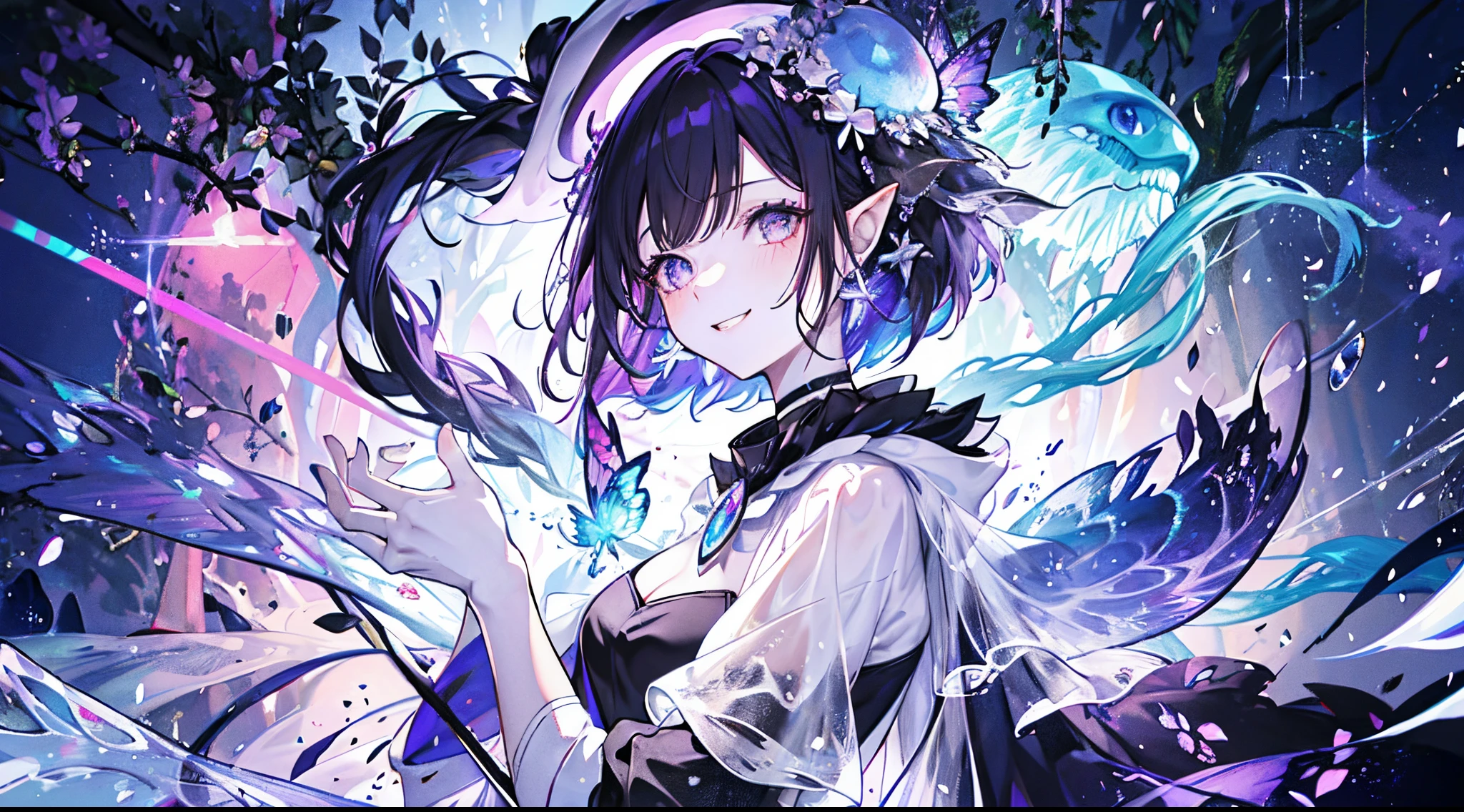 （（tmasterpiece：1.4，Best quality））+，（hyper-detailing）+，（Ultra-detailed eyes）+，（Fish ears：1.5），The halo
（cute girls），15year old，（Black colored eyes：1.15）Short dark purple hair，Bushy hair（wariza：1.2），pale-skinned，ssmile，a seductive smile，black masked
（She wears a white shirt，Black leather pants，Lilac robe，：1.5），（Black gloves：1.4）The sleeves are long，Red witch hat，crystal earrings，merfolk，The corals，Menghua，gem jewelry，Ocean of fish and trees，Conch headdress，glowing butterflies，jellyfish，The halo，fishbone
（Fishtail：1.1），
（dawn light：1.2），
（Thick black and white：1.16），（depth of fields：1.4），，Complicated details，