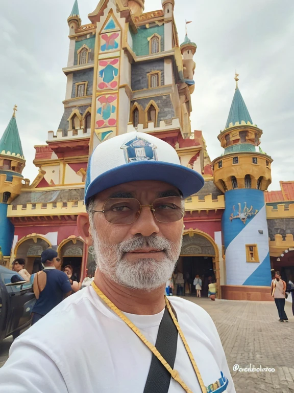 Um homem  em frente ao castelo do Beto Carrero