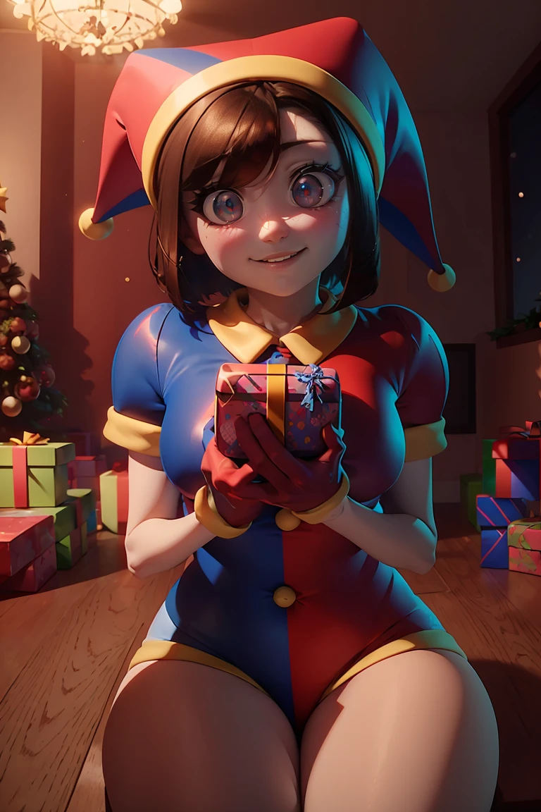 (master piece: 1.1), (pomni), 1girl, mature female, emphasis on face, detailed face, (detailed clored eyes), (blushing), anime character, smiling, christmas clothes, dynamic pose:1.2, gloves red and blue, ((wearing santa claus hat)), dynamic brown hair, short hair, bedroom, table, sitted on table, (she have a gift on your laps), christmas theme room, christmas tree, cowboy shot, blur_background