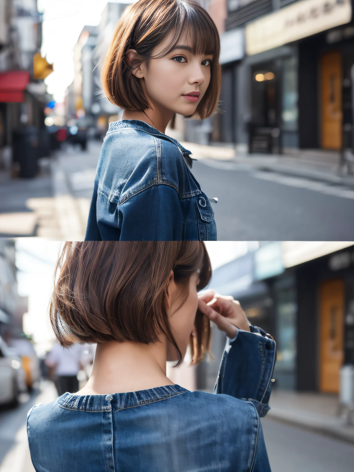 ((top-quality、in 8K、masterpiece:1.3))、foco nítido:1.2、Beautiful woman perfect body:1.4、Slim abs:1.2、((Very short hair:1.2))、(Dark blue knitwear、denim:1.1)、(Sateen、a street:1.2)、wetbody:1.5、Three-dimensional texture、A detailed eye、Brown hair、Very shiny hair、posterior view、Hair quality improvement、Handsome short、Short-haired blonde。