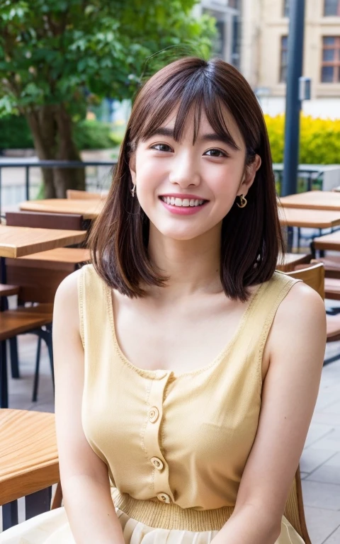 1womanl, 20yr old、Colossal tits ((Beautiful shiny straight semi-long:1.2)),Beautiful fingers,Beautiful long legs,Beauty Body,Cute nose,Beautiful bare skin、perfect eyes,Perfect and realistic face,ighly detailed ,(tmasterpiece:1.0),(best_quality:1.0), 超A high resolution,4K,ultra - detailed, photography of, 8K, nffsw, hight resolution, the background is blurred, (Beautiful_Face:1.5)、(The background is a café restaurant at night:1.3),(White Brown Sheer Flared Long Skirt:1.3),(Colossal tits) Backgrounds with depth Three-dimensional feeling ((White Beige Nit Ultra Fine Yarn Camisole、Very fine buttons:1.4)) (Beautiful large breast、Eyes are blue、Hair is pink、Beautiful like a model in a cute yellow miniskirt、kawaii、A refreshing smile、university campus、Outside on a sunny day