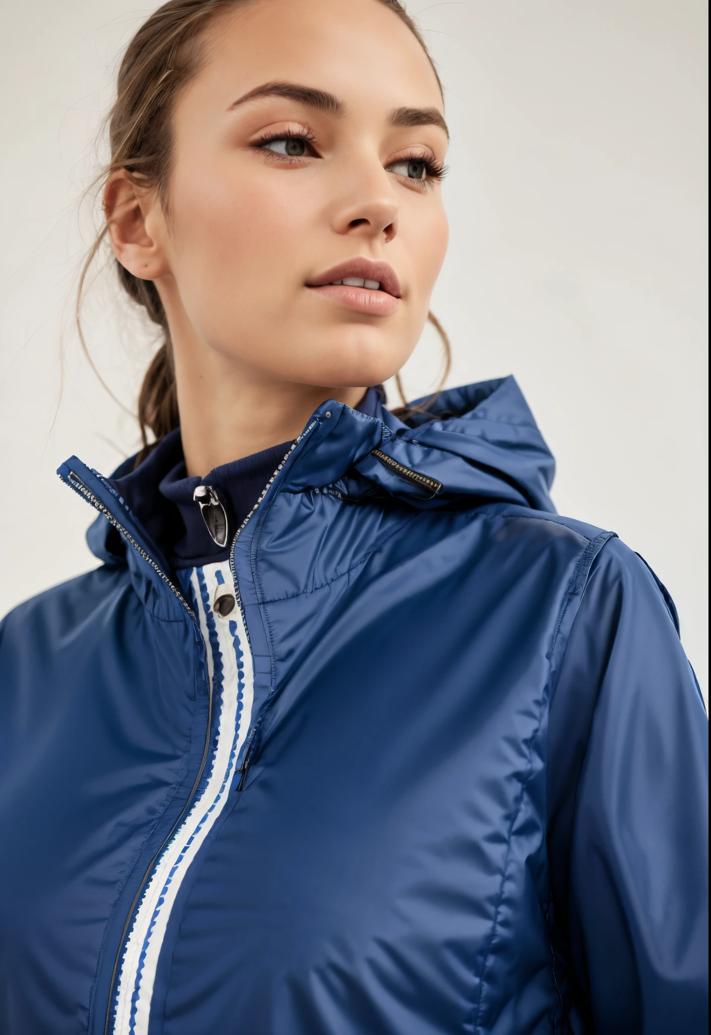 a woman wearing a blue jacket with a striped zipper, vestindo jaqueta azul, encapuzado, Jaqueta azul, jaqueta azul harmonia, vestindo uma jaqueta azul, usando um capuz azul, parka azul, suit jacket, detalhado, profile close-up view, Hood, medium poly, azul-marinho, wearing jacket, roupas esportivas, wearing a tracksuit, profile view, jaqueta esportiva