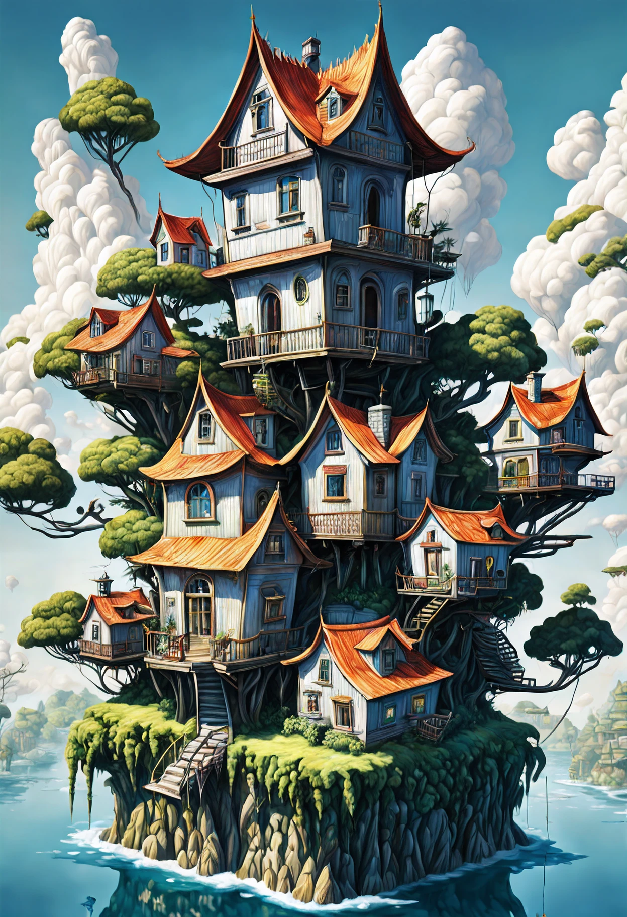 GhibliStyle stacked-houses on floating island, intricate details, by Laurie Lipton, Concept Art,colorfull, high_res,3d style,3d