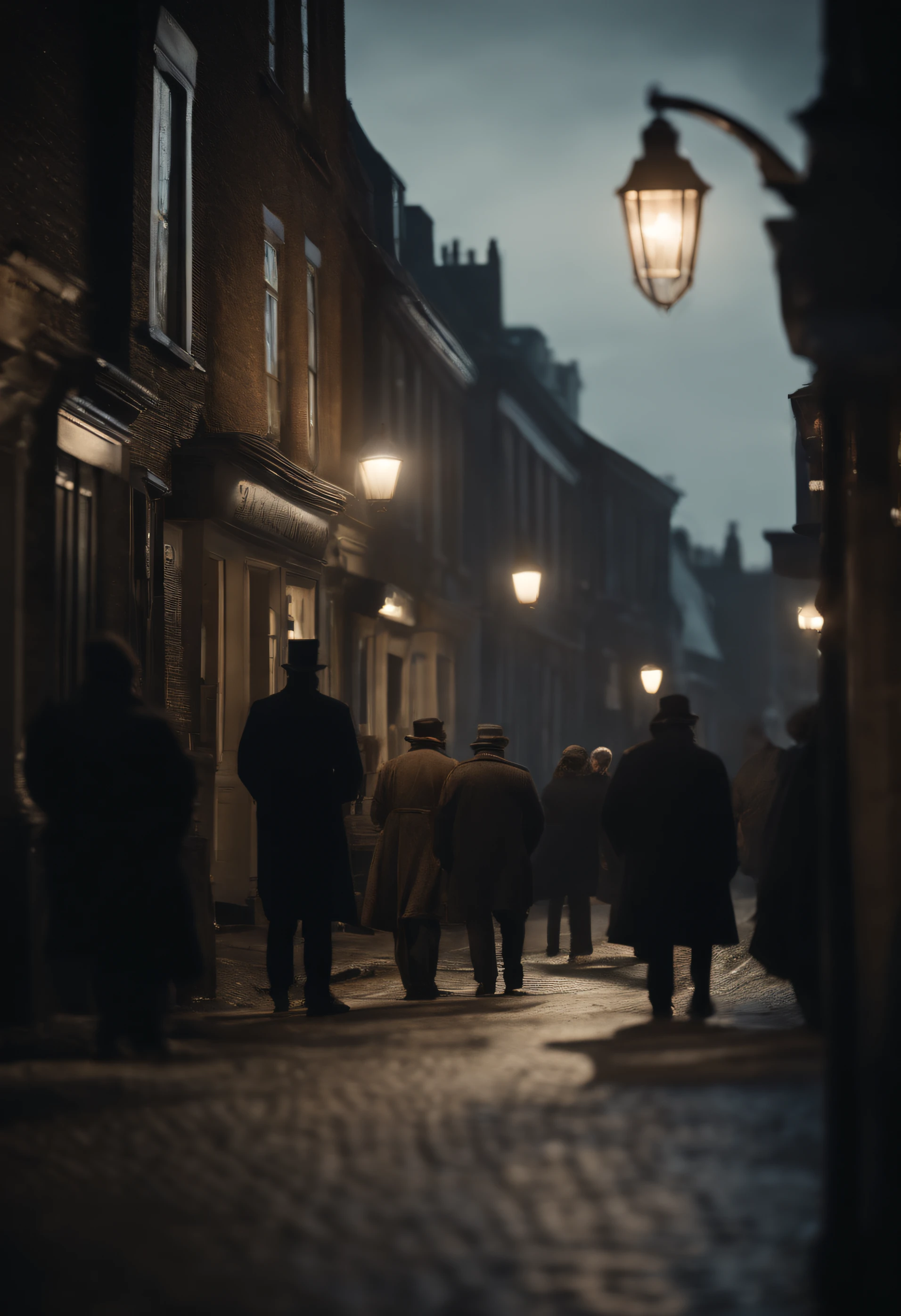 A close-up of a street in Innsmouth, where a few fishy-looking locals are lurking in the shadows, watching a stranger with suspicion.