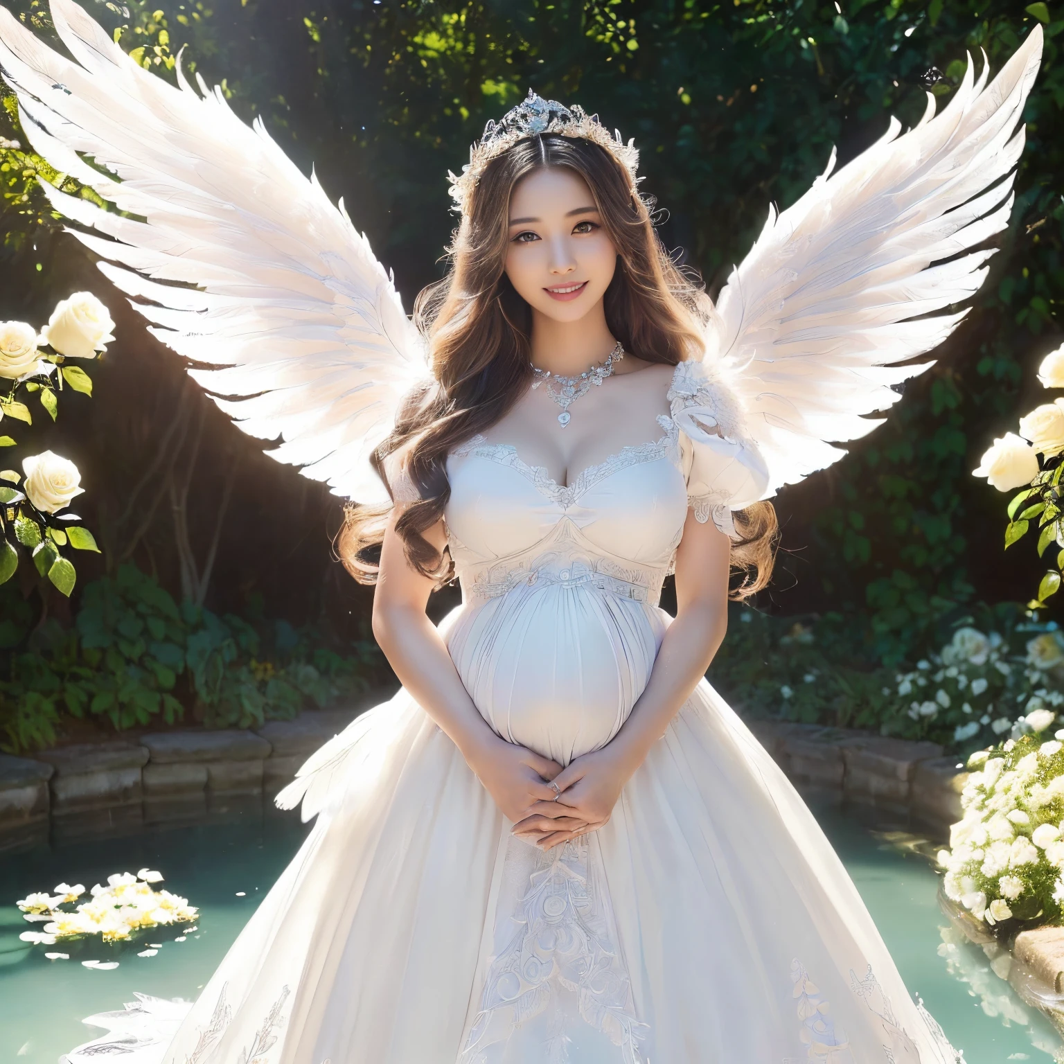 (((masutepiece、top-quality、Highly complex and detailed depictions)))、((Very beautiful angel queen、Maternal smile,mothers,Smile、Beautiful smile,Above the knee、Pregnant、slightly bulging belly、A dress that tightens the waist、full body Esbian、Final Form as Perfect Angel, ,Huge and realistic angel wings,The most dignified feathers,The most detailed and intricate angel wings、King of Angels,The most dignified angel,Shimmering white feathers、Plumage gives off a transparent shine、Graceful and classy pose、Filled with Divine Light、a large amount of white flowers,、Walk through a vast flower garden、Walk through a field of white flowers、It is full of white flowers、Blooming profusely with white flowers、Flower garden filled with white flowers、A field of white flowers、White Glowing Flowers、Flowers with a fairytale glow、Angels bathed in the sacred soft light、spectacular movie lighting、The most classy white dresses、Very noble、refinement、top grade、Fairy tale brilliance、Wings shine in fairy tales、The most massive pure white princess dress, The finest necklaces,artistic décor,Intricate and solemn dress of an angelic masterpiece,White decorative dress,Huge Princess Dresses,The most majestic figure of the angel,The most intricately depicted angelic figures,Feathers that shine like a fairy tale、The plumage gives off a snow-white shine、The plumage gives off a translucent fairytale glow、Unimaginable beauty,The most intricate and beautiful dresses,Accurate reproduction of the perfect angelic detail,The figure of an unimaginably beautiful angel)),((Most beautiful face,Half Japan and half Spanish,Maternal tenderness、Maternal smile,Beautiful wavy hair,The most luxurious and intricate dresses,stares at the camera、Giant wings of angels,masutepiece,8K,very intricate,ultra-detailliert))