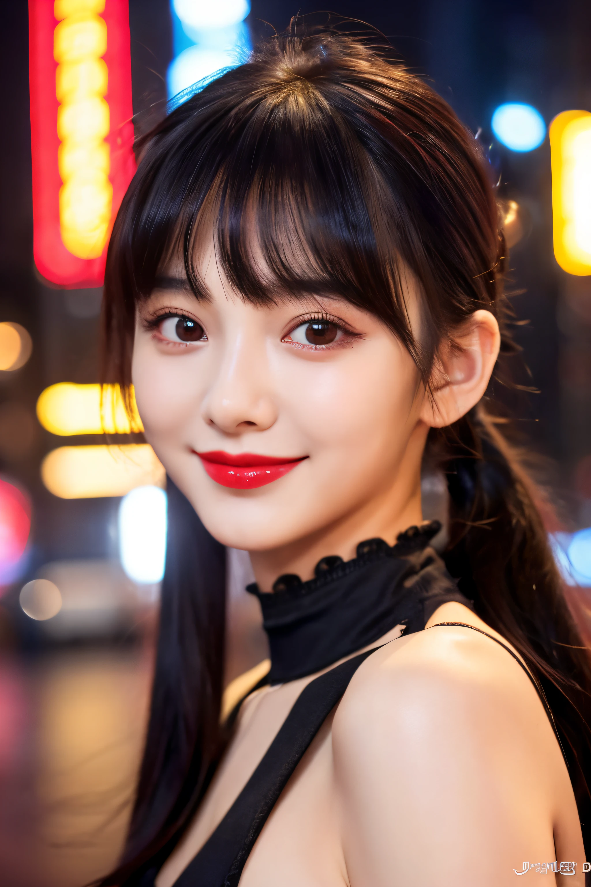 ((a closeup))、((Girl in 1))、(looking at view)、(18year old)、((Black hair long hair))、((Pattsun bangs))、((Pony tail))、(The best smile)、(a choker)、Black cardigan、(brown-eyed)、red lipsticks、(Photoreal Stick:1.2)、in 8K、(High quality shadows)、Detail Beautiful delicate face、Detail Beautiful delicate eyes、Cute K-pop Idol、(Korean Urzan Face)、(ulzzang -6500-v1.1:0.6)、gloweyes、perfectbody、(huge tit)、Natural color reproduction、Bright red lipstick、Shiny hair、Description beautiful delicate hair、(Lustrous skin)、电影灯光、City at night after rain、Neon Street、