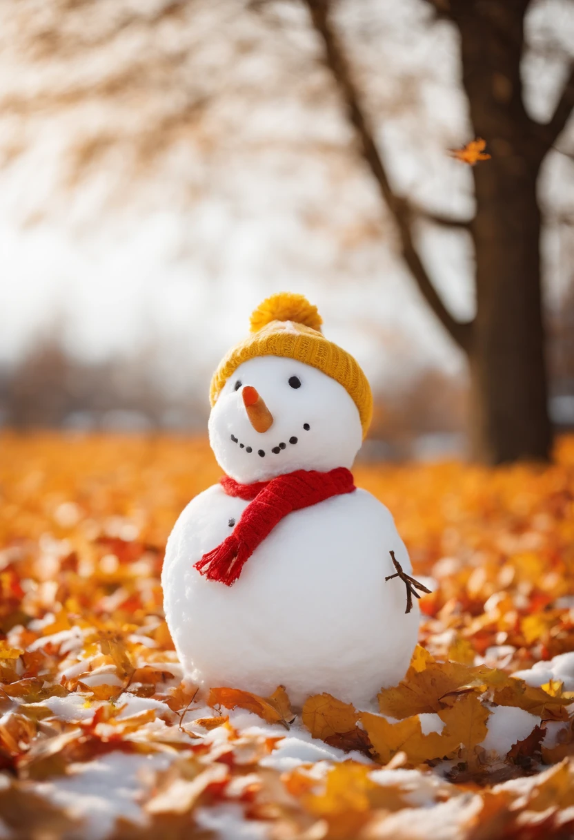 Make a snowman,Yellow leaves,White snow,Snowman red scarf,Carrot nose,chubbiness