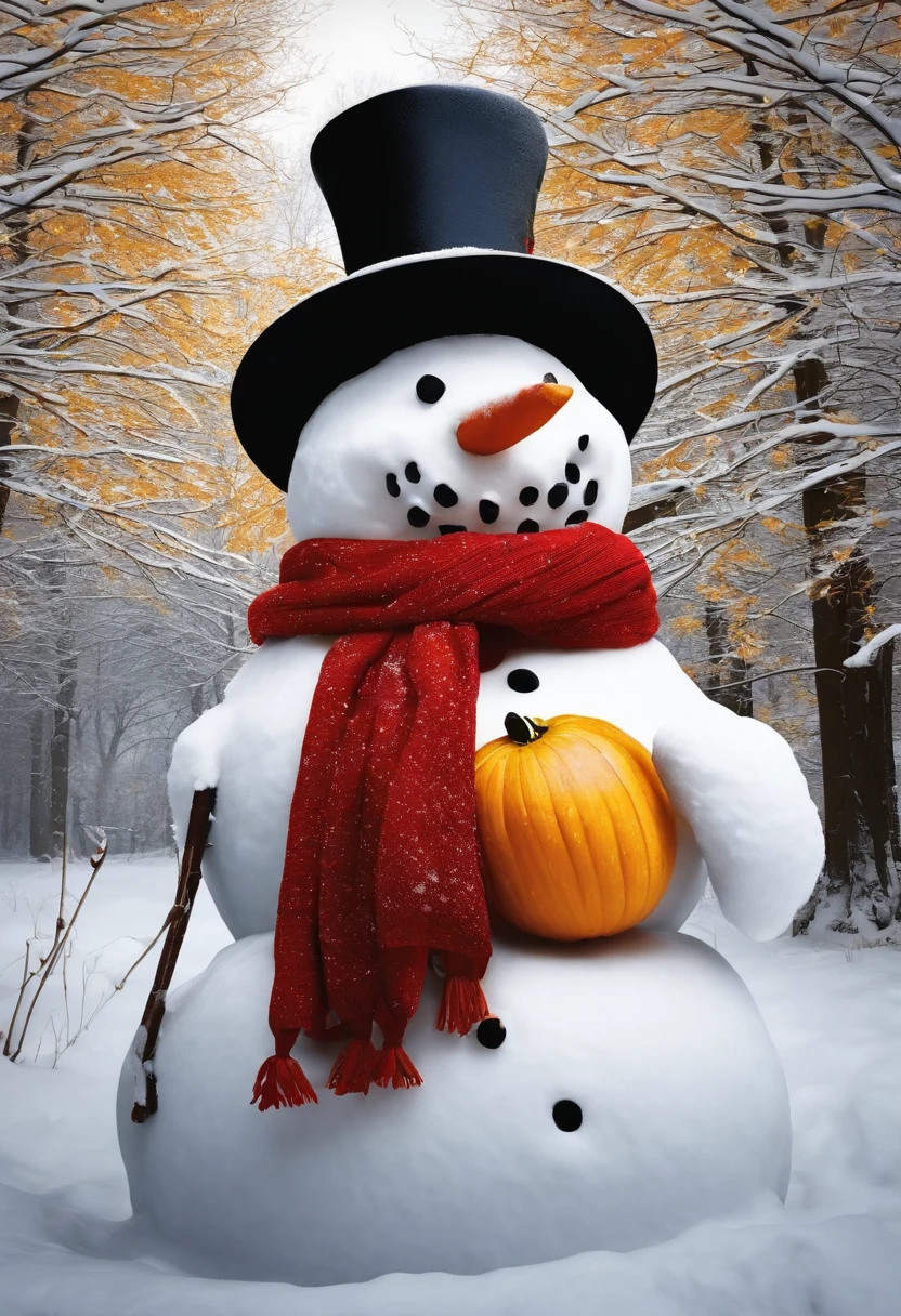 Make a snowman,Yellow leaves,White snow,Snowman red scarf,Carrot nose,chubbiness