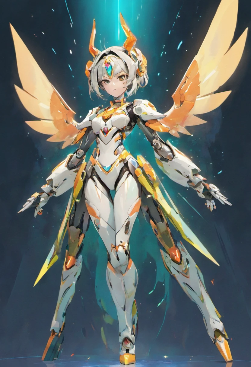 Full body photo, hyper realisitc, White celestial catwoman mecha robot, Wearing a minimalist angular mecha Gundam mask, Wearing a cybernetic tech costume cloak, With huge mechanical additional booster wings, Stylish design, dark fantacy, Future environment, heroic gesture, --Rainbow 5
