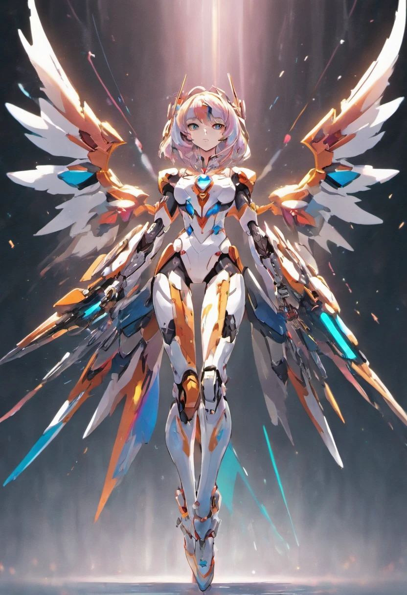 Full body photo, hyper realisitc, White celestial catwoman mecha robot, Wearing a minimalist angular mecha Gundam mask, Wearing a cybernetic tech costume cloak, With huge mechanical additional booster wings, Stylish design, dark fantacy, Future environment, heroic gesture, --Rainbow 5