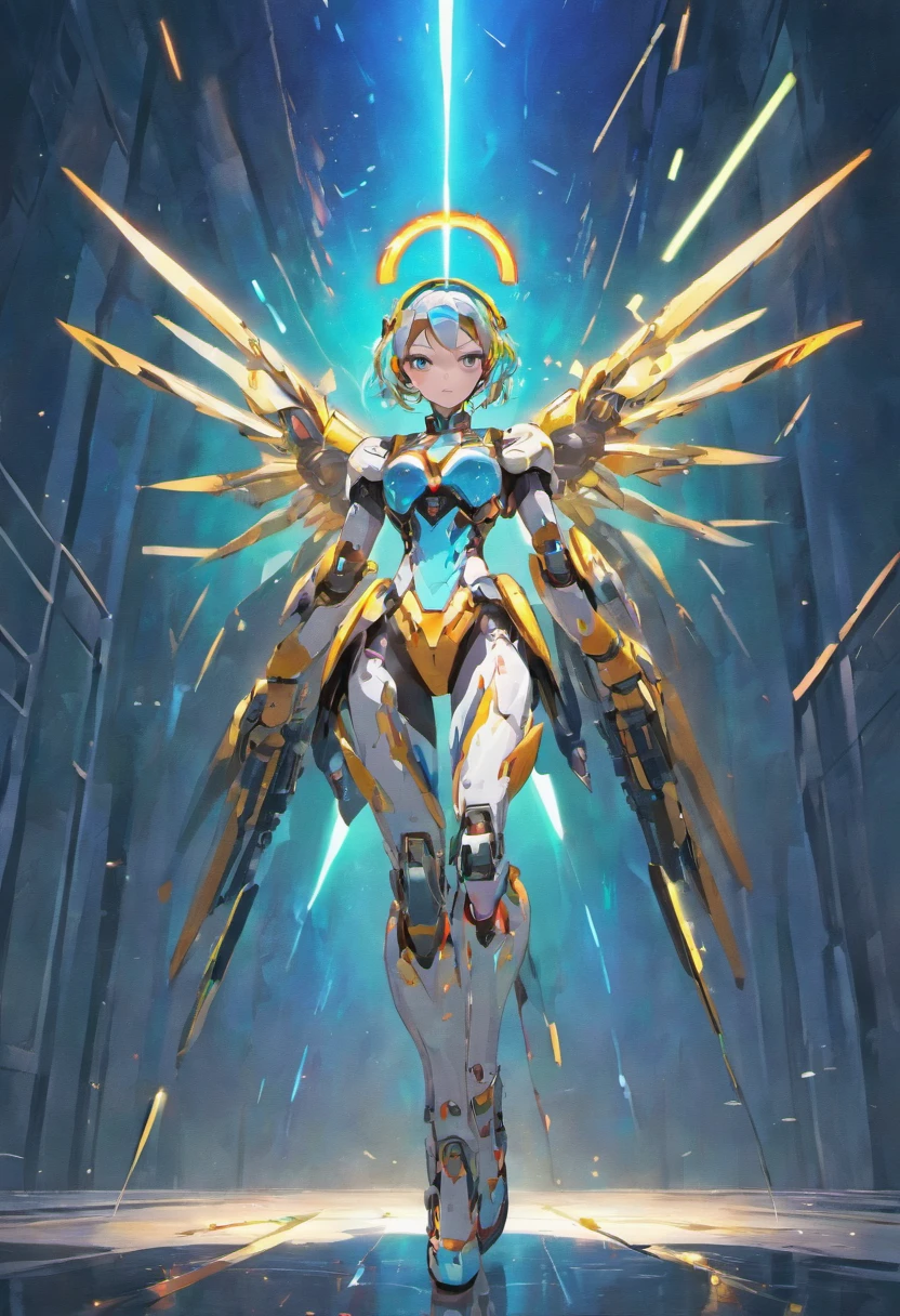 Full body photo, hyper realisitc, White celestial catwoman mecha robot, Wearing a minimalist angular mecha Gundam mask, Wearing a cybernetic tech costume cloak, With huge mechanical additional booster wings, Stylish design, dark fantacy, Future environment, heroic gesture, --Rainbow 5