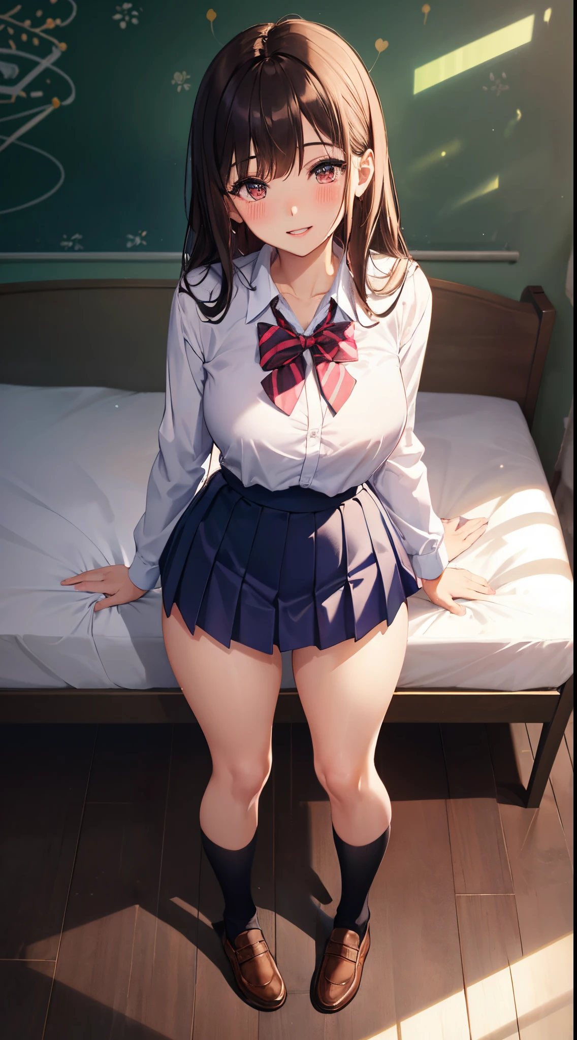 1girl in, Parted lips, blush, makeup, lightsmile, School uniform, Full body, Wide Angle, From above, crass room, llight rays, Glow, thighs thighs thighs thighs, 鎖骨, Narrow waist, (masutepiece), Wallpaper,Dark hair color