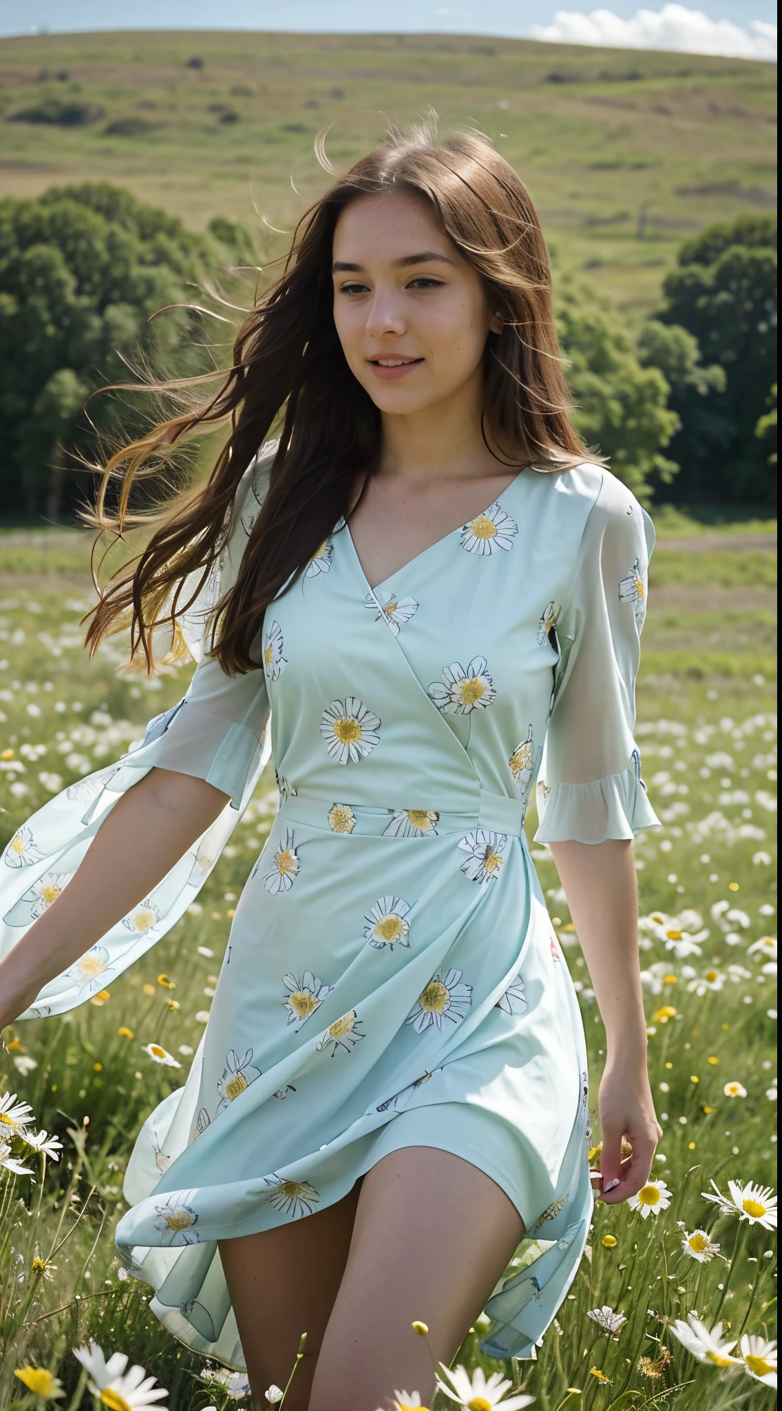 Create a 1-minute high-resolution video of a girl walking in a field of flowers. The girl has long hair blowing in the wind and wears a printed flowy dress. She spins and dances through the open field full of wild flowers such as daisies, poppies and lilies in the most varied colors. Butterflies fly around her. In the background, green hills can be seen. The girl appears sometimes in close-up, sometimes in open shot, walking and turning around the field. The sky is clear blue with some clouds. The camera makes smooth movements, following the girl's movements. The soundtrack is happy, ethereal music. The video conveys lightness, joy and freedom